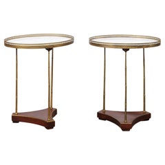 A Pair of French White Marble & Brass Gallery Top End Tables w/Brass Legs
