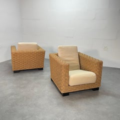 a pair of French, woven Hemp, Mid-Century, armchairs Audoux et Minet (style)