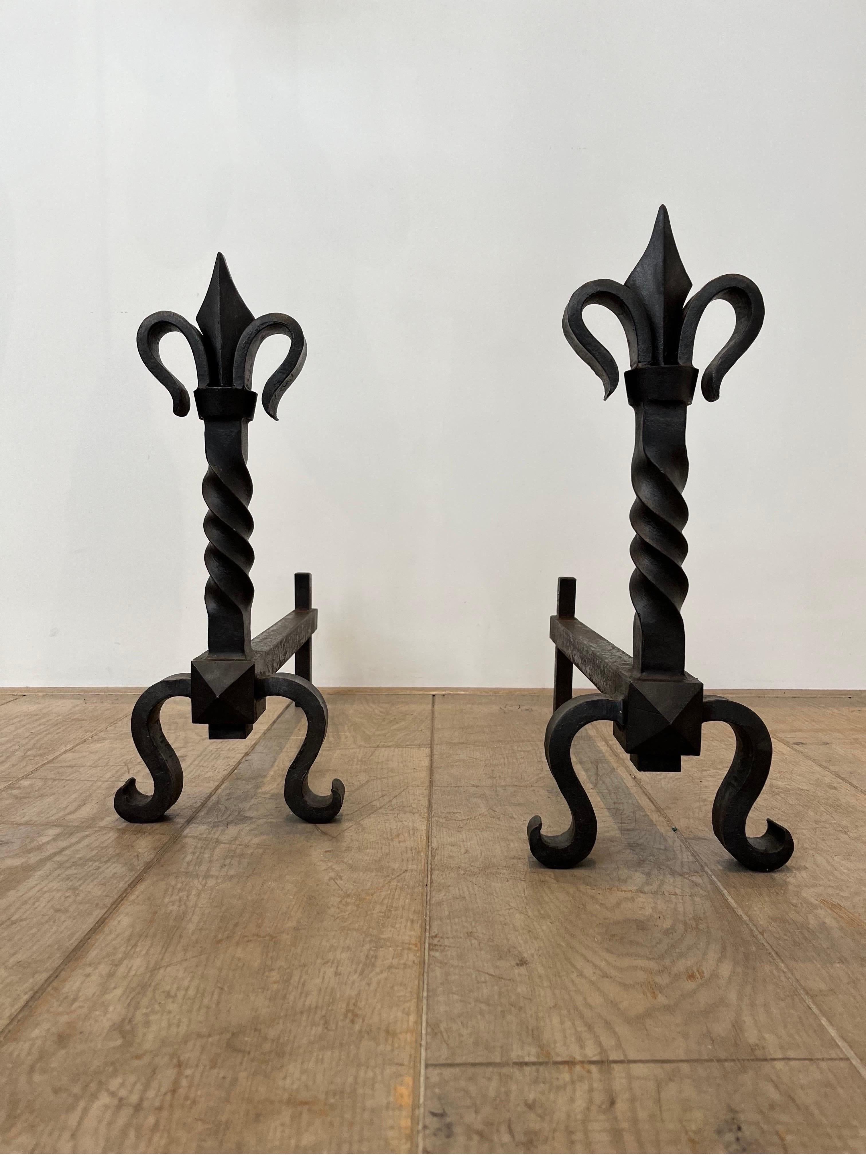 Pair of French Wrought Iron Adirons, 1940s 5