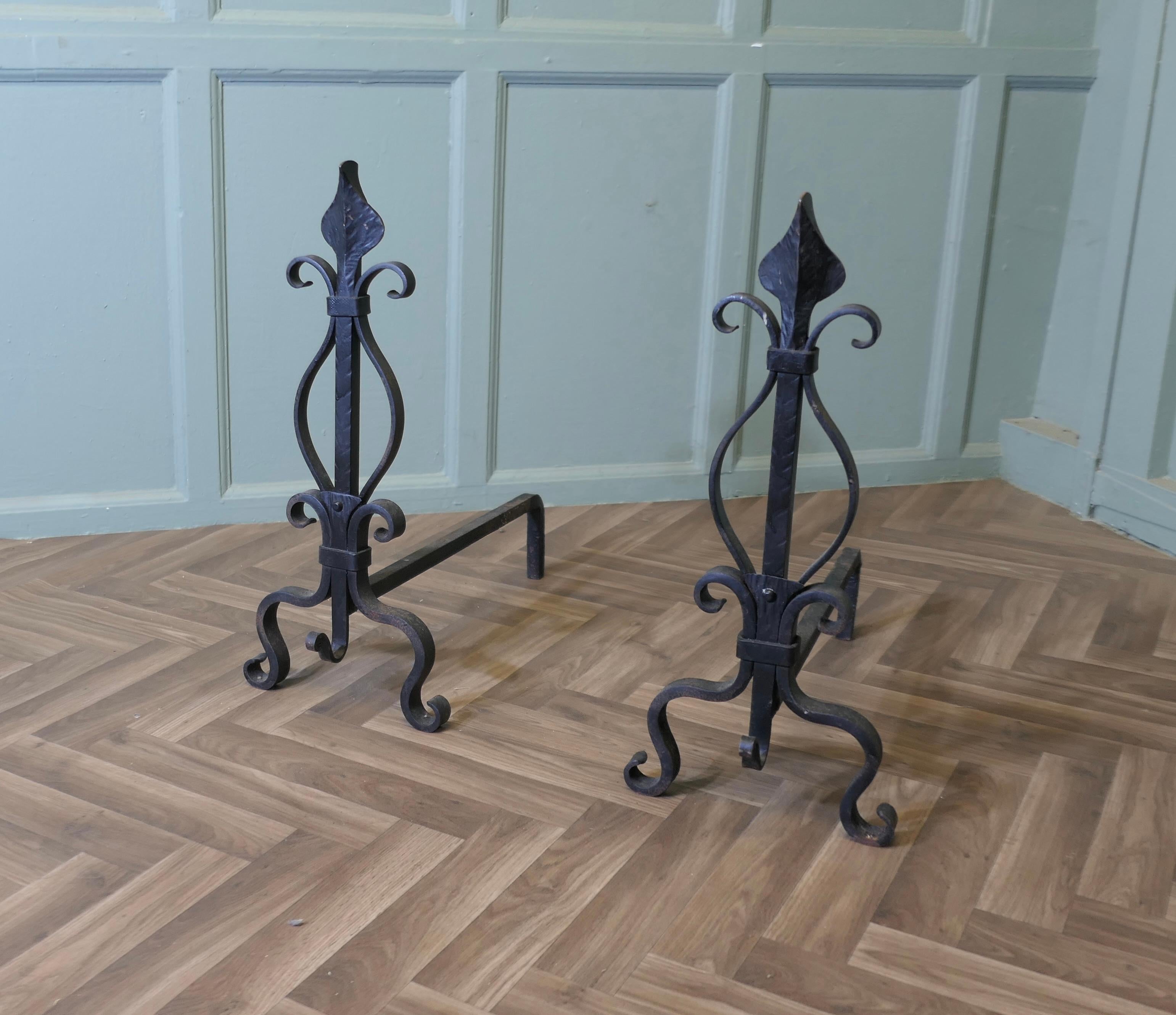 A Pair of French Wrought Iron Andirons or Fire Dogs In Good Condition For Sale In Godshill, Isle of Wight