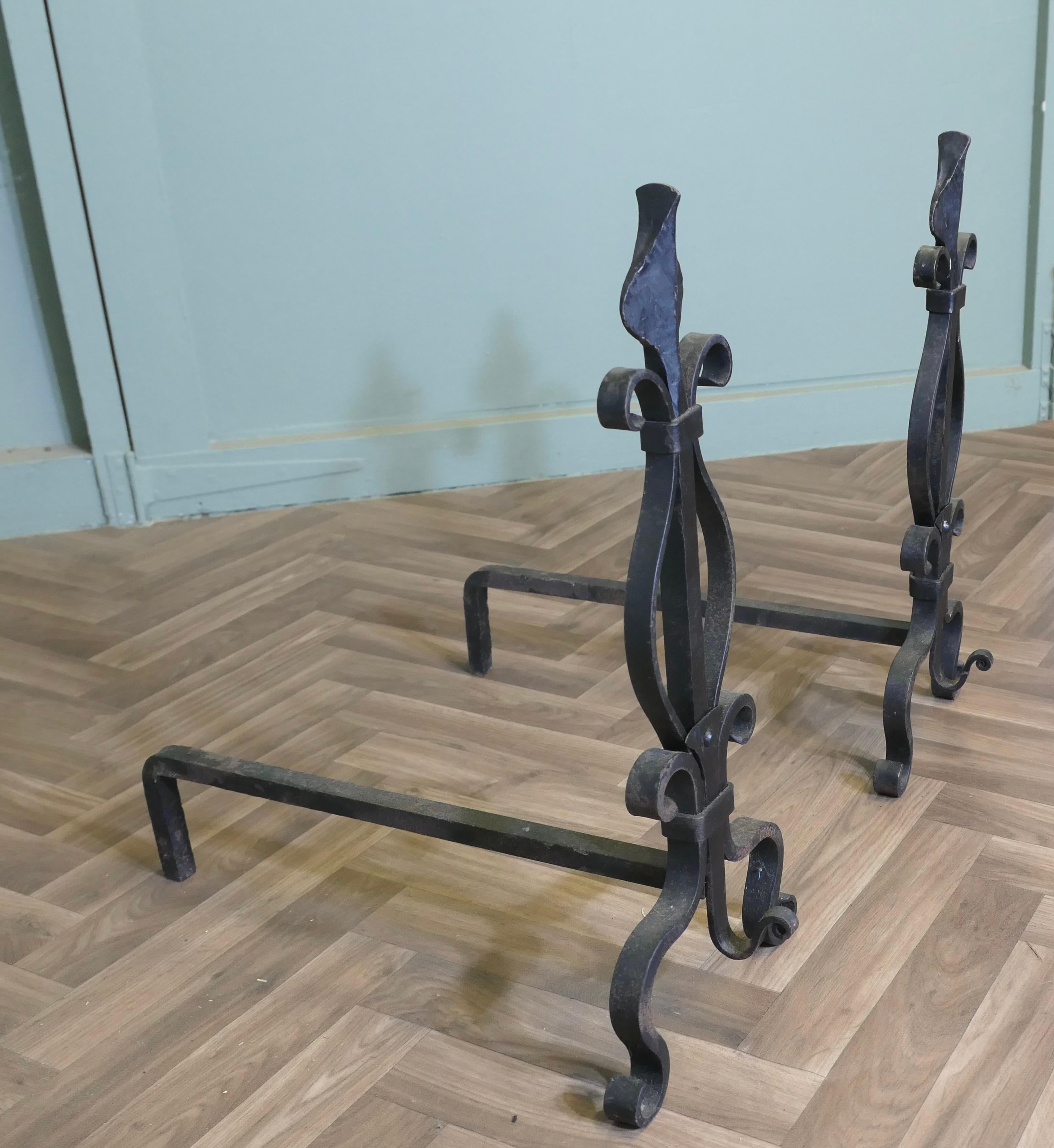 Early 20th Century A Pair of French Wrought Iron Andirons or Fire Dogs For Sale