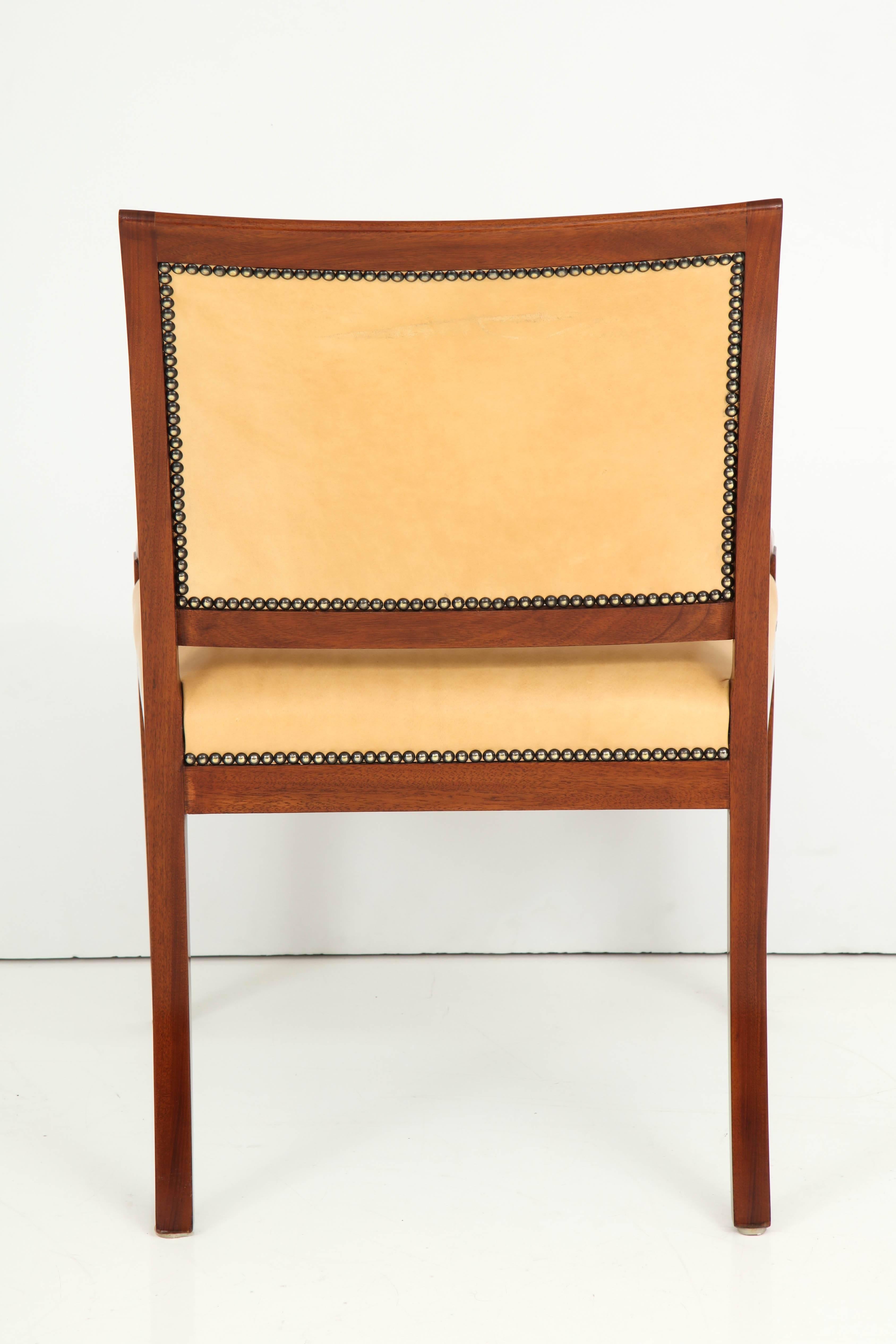 Danish Pair of Frits Henningsen Mahogany and Leather Open Armchair, circa 1940s