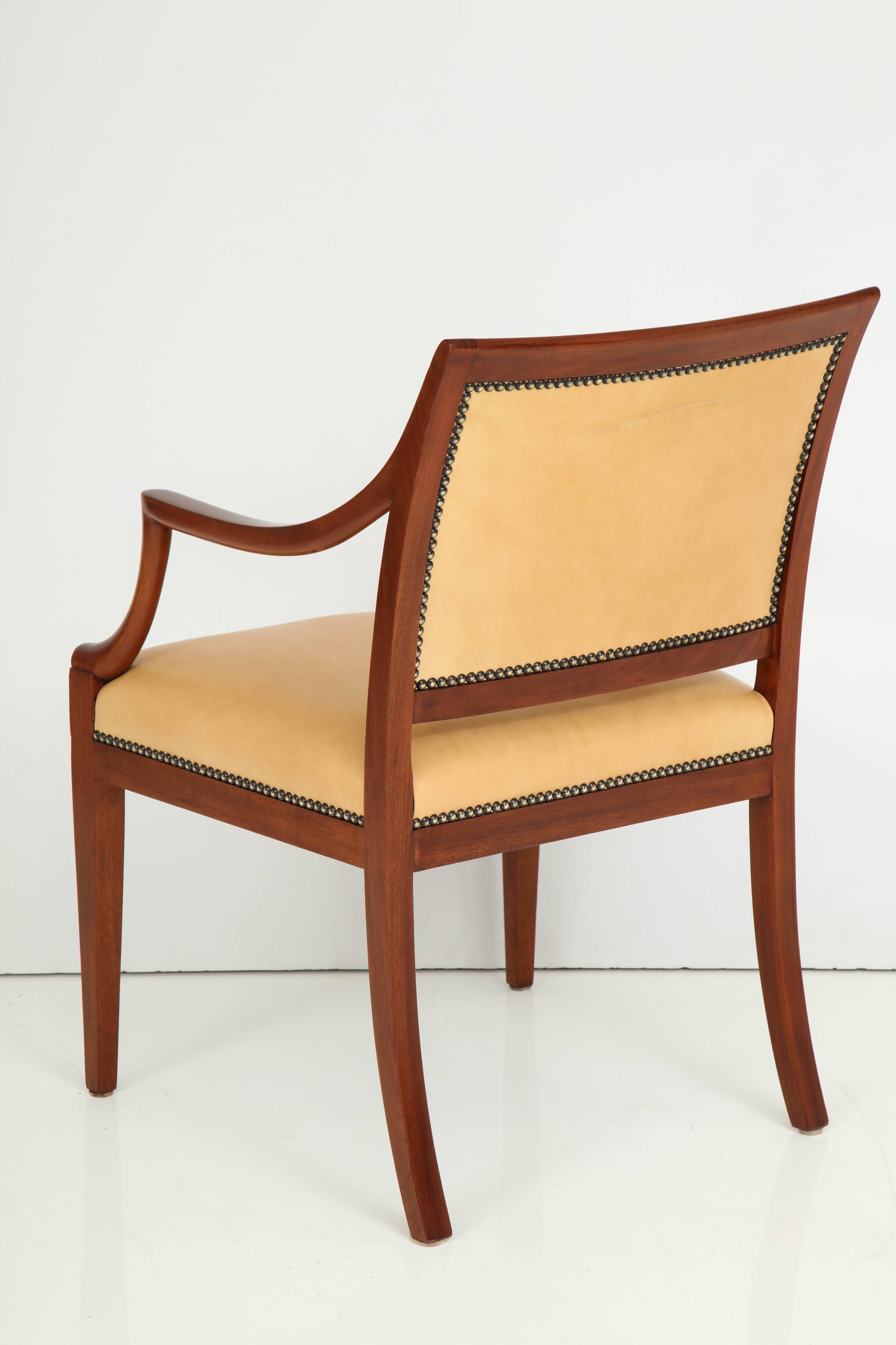 Pair of Frits Henningsen Mahogany and Leather Open Armchair, circa 1940s In Excellent Condition In New York, NY