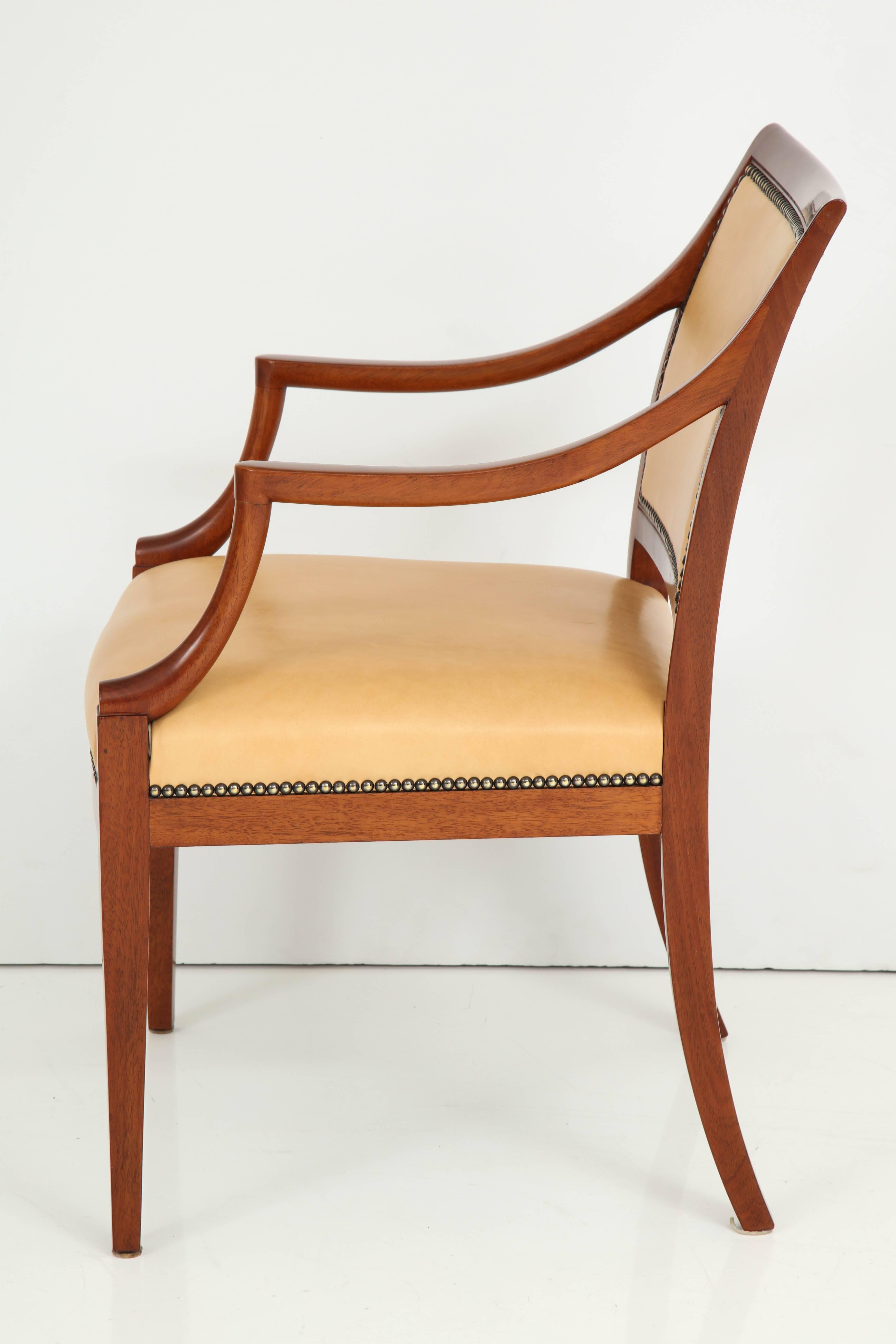 Mid-20th Century Pair of Frits Henningsen Mahogany and Leather Open Armchair, circa 1940s