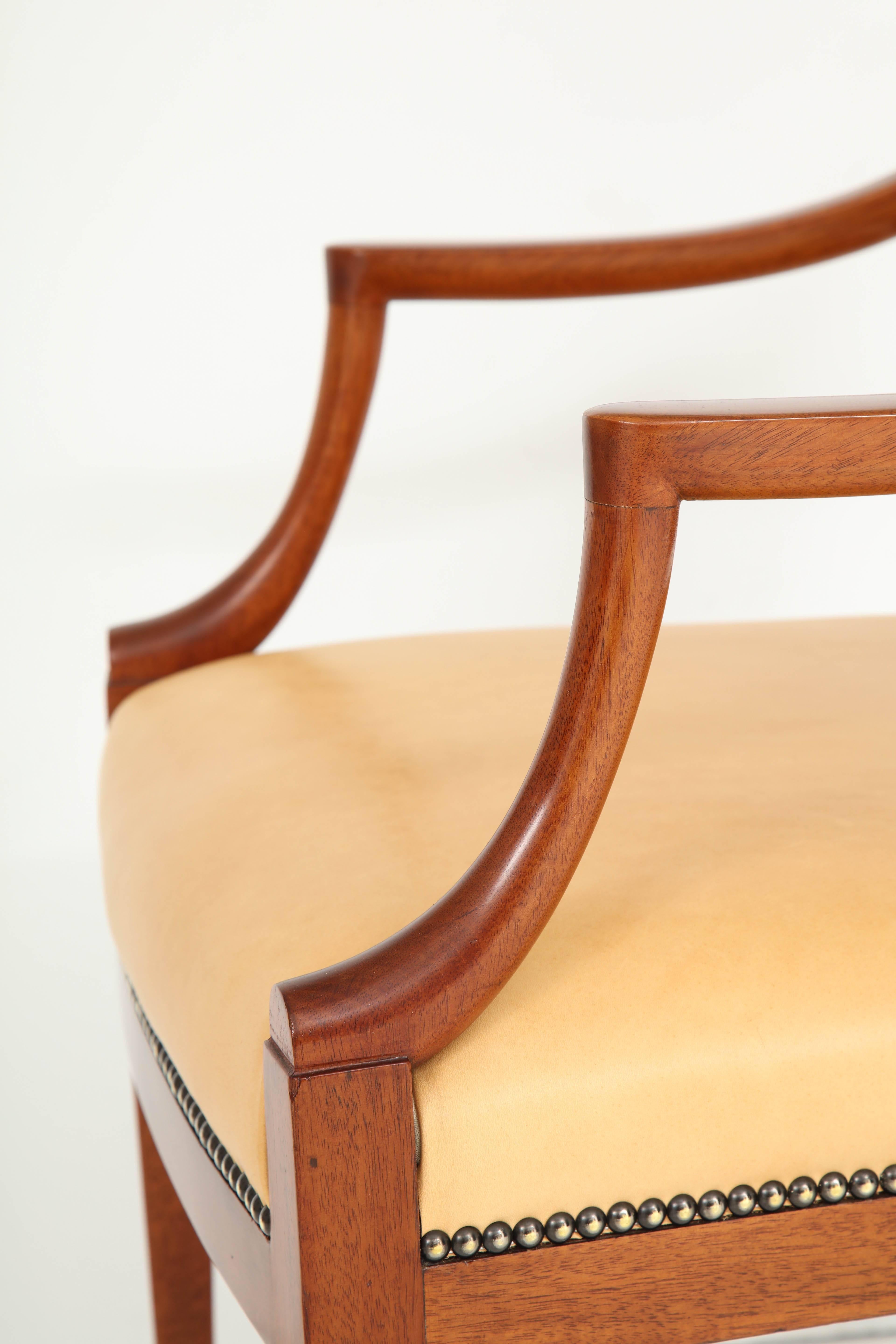 Pair of Frits Henningsen Mahogany and Leather Open Armchair, circa 1940s 1