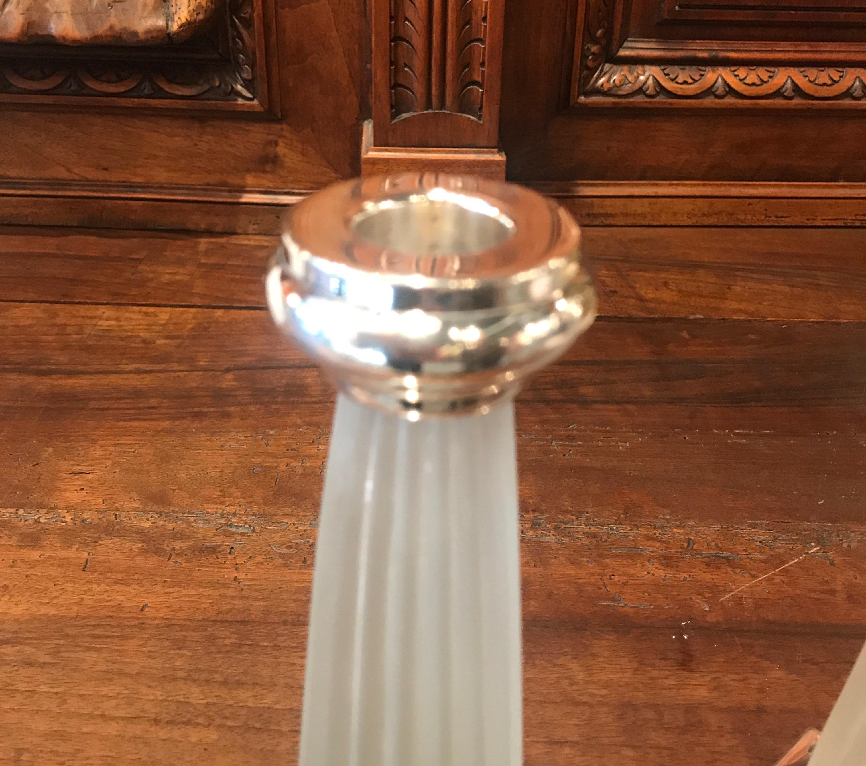 Art Deco Pair of Frosted Glass and Sterling Silver Column Form Candlesticks