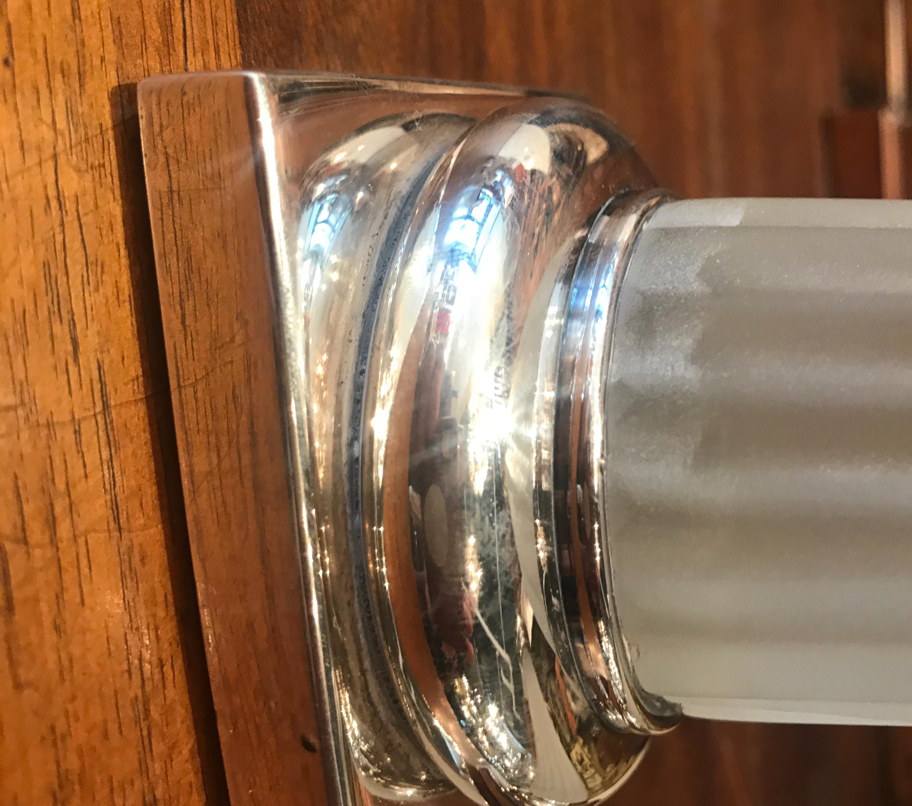 European Pair of Frosted Glass and Sterling Silver Column Form Candlesticks