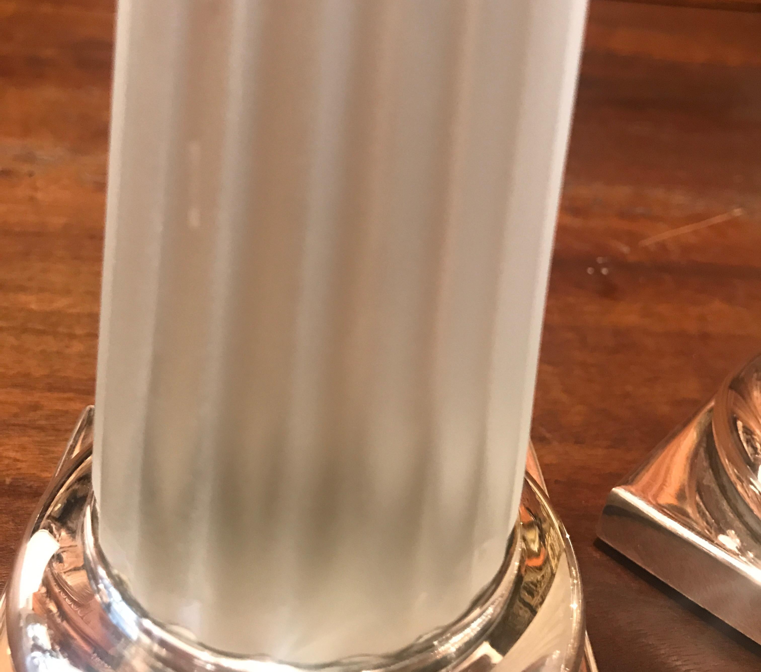 20th Century Pair of Frosted Glass and Sterling Silver Column Form Candlesticks