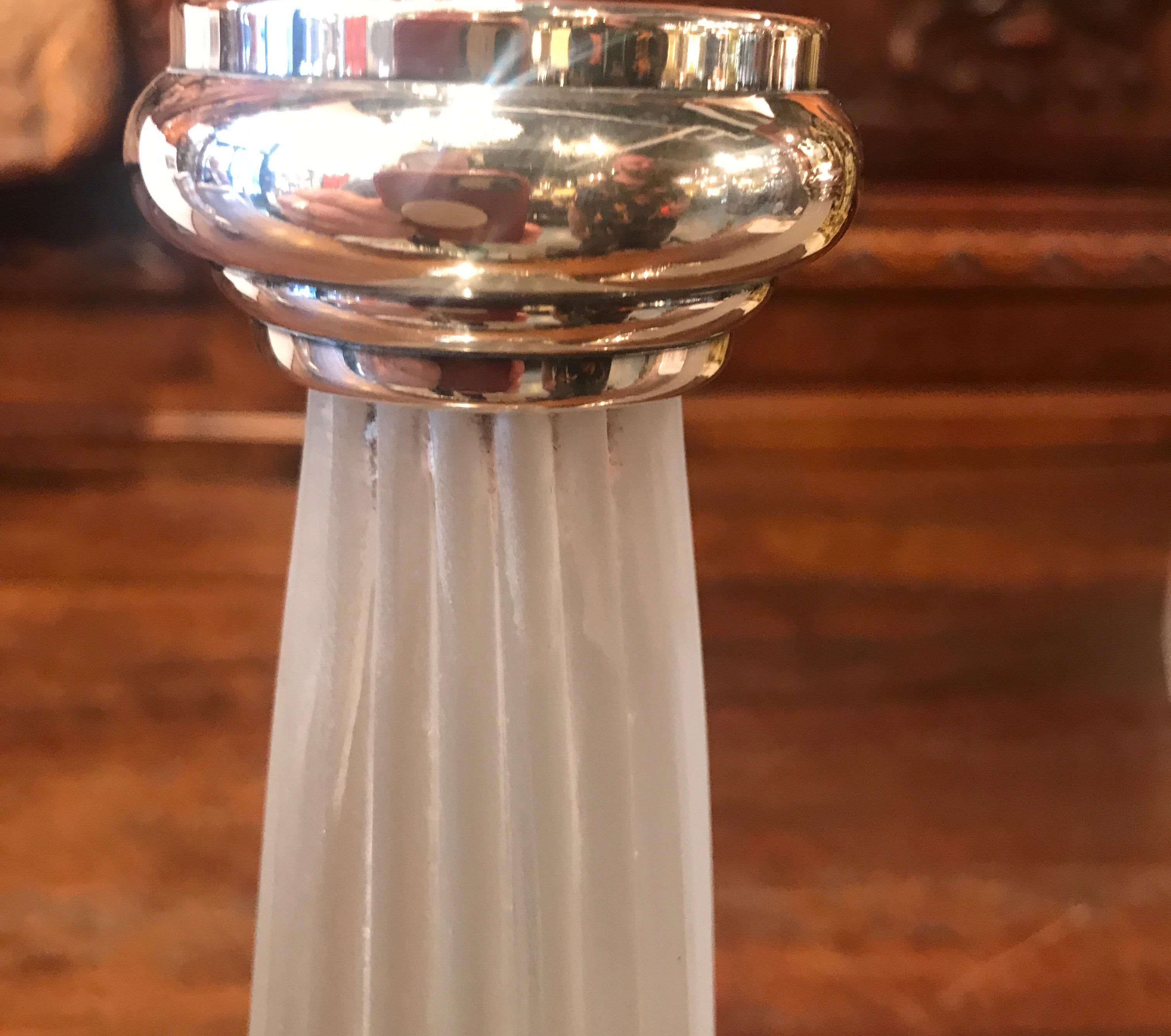 Pair of Frosted Glass and Sterling Silver Column Form Candlesticks 1