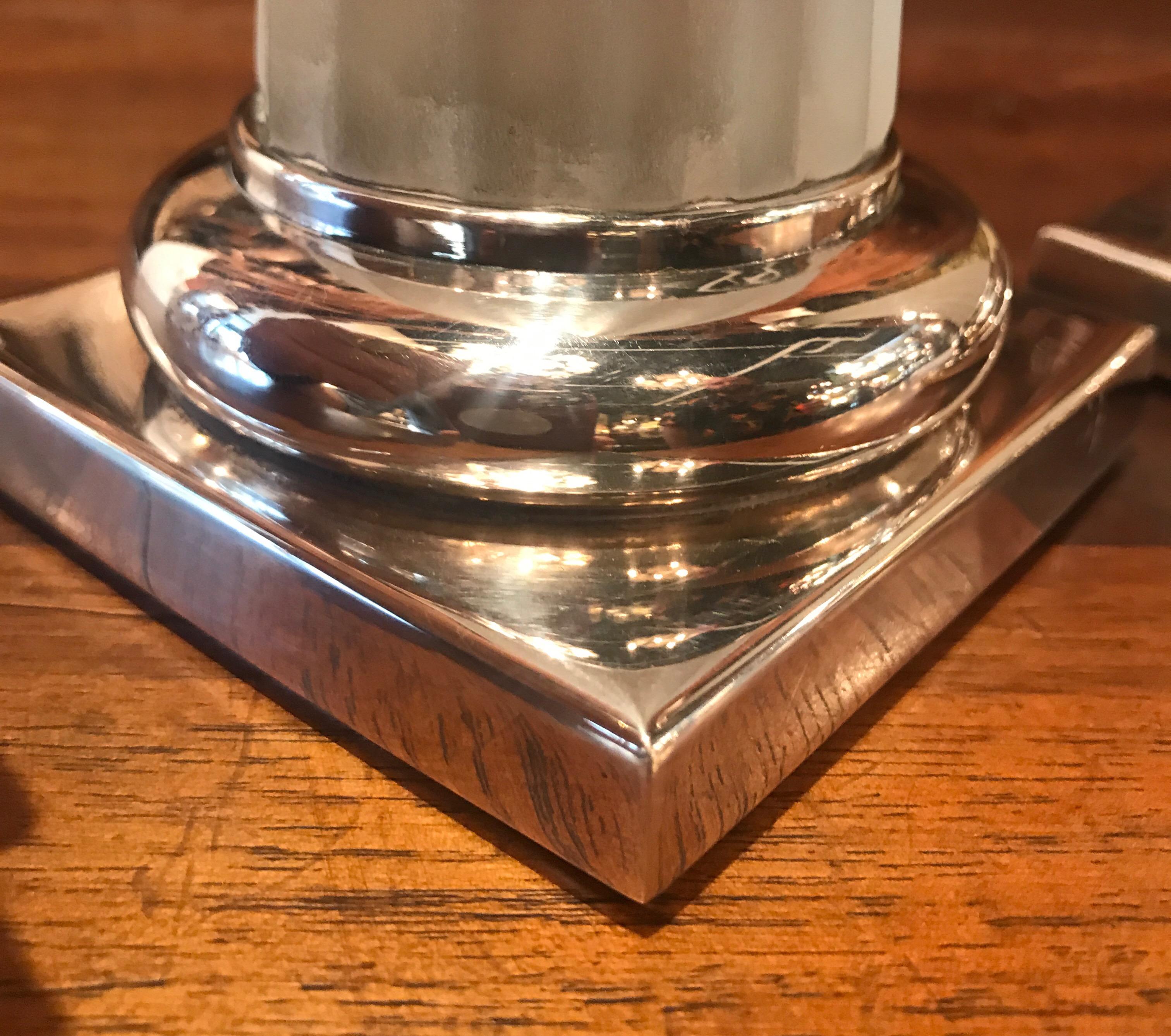Pair of Frosted Glass and Sterling Silver Column Form Candlesticks 2
