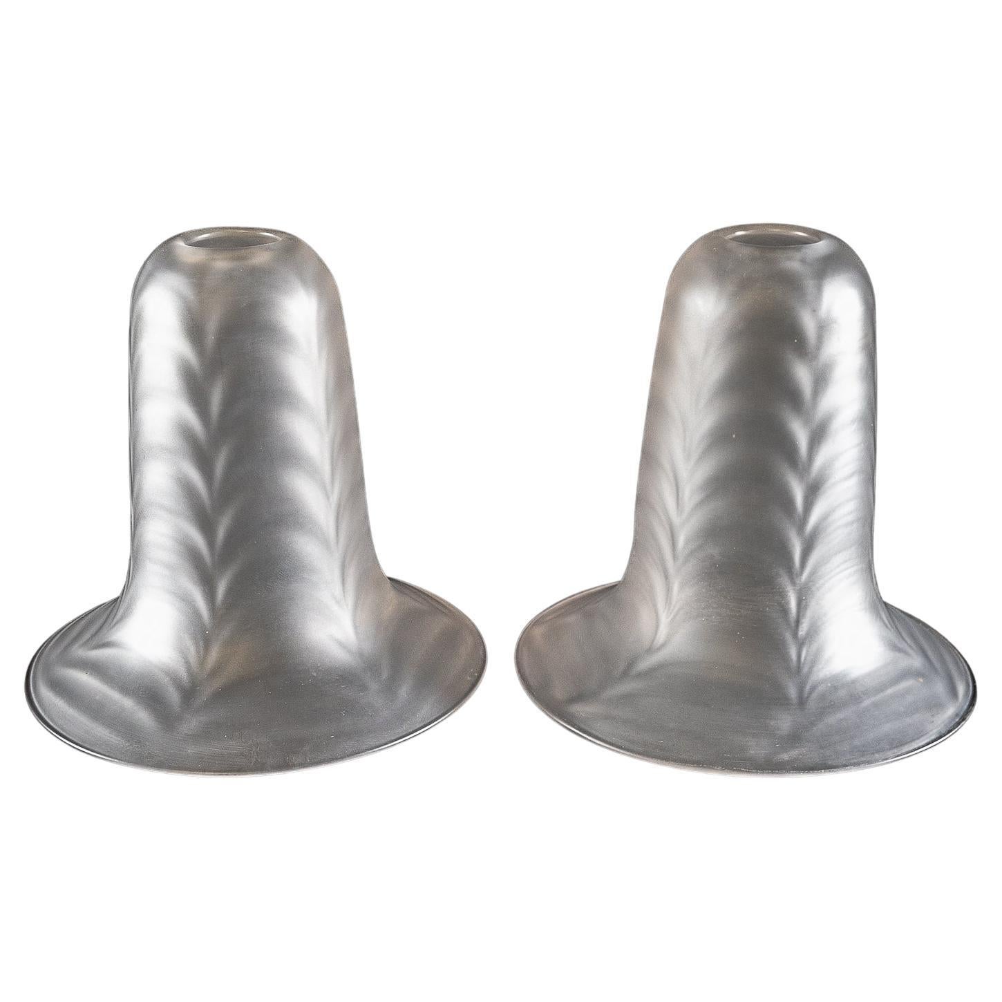 A Pair of Frosted Glass Shades with Feather-Like Embossed Pattern & Flared Rims