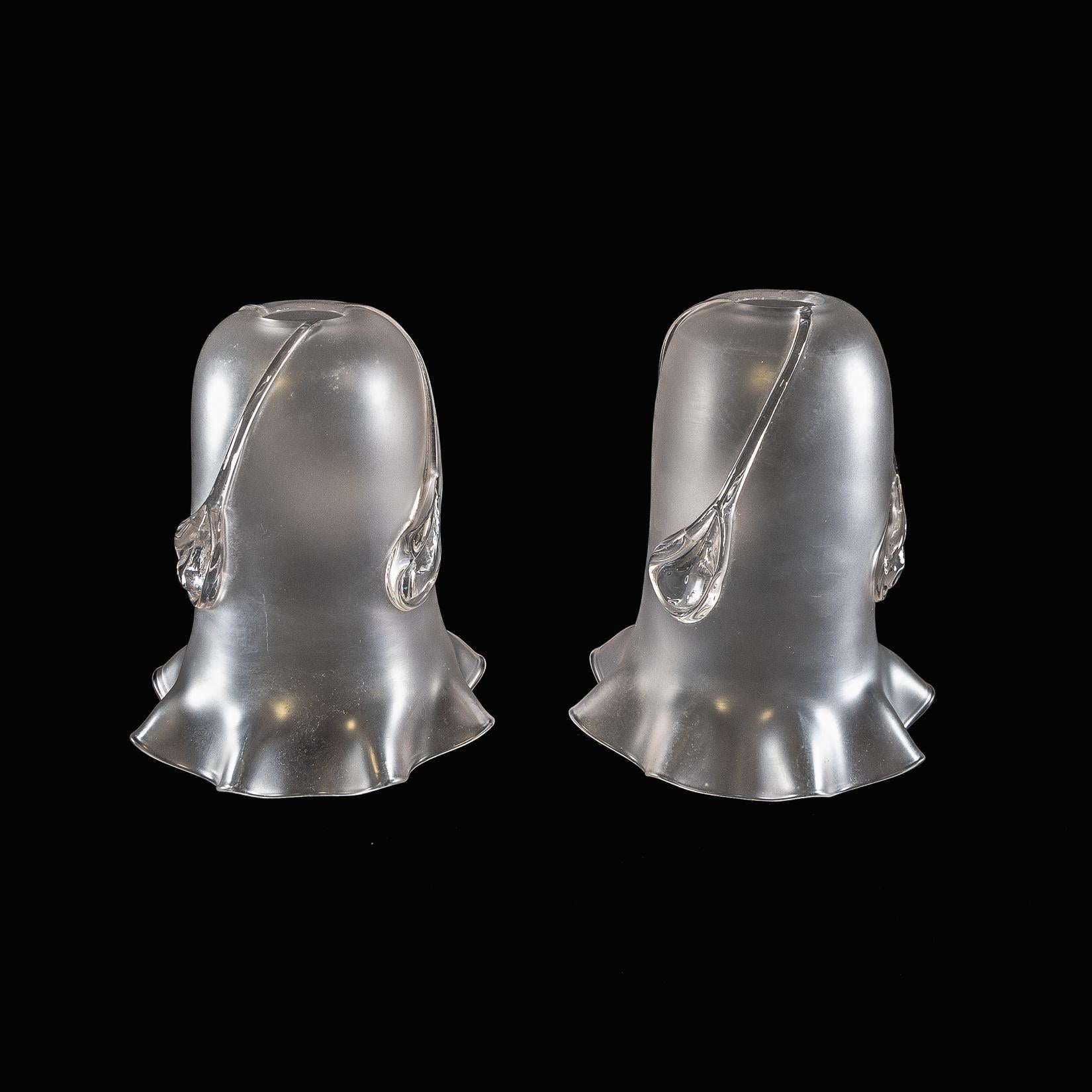 Arts and Crafts A Pair of Frosted Glass Shades with Teardrop Embellishments & Ruffled Rims For Sale
