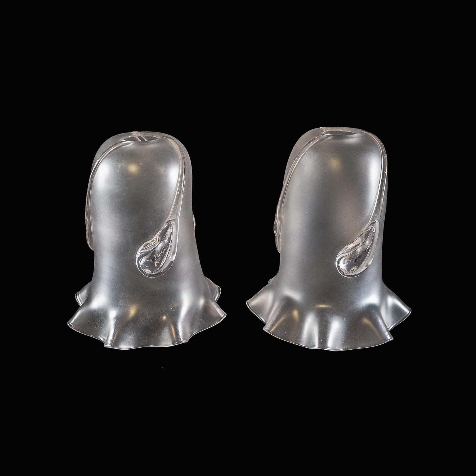 British A Pair of Frosted Glass Shades with Teardrop Embellishments & Ruffled Rims For Sale