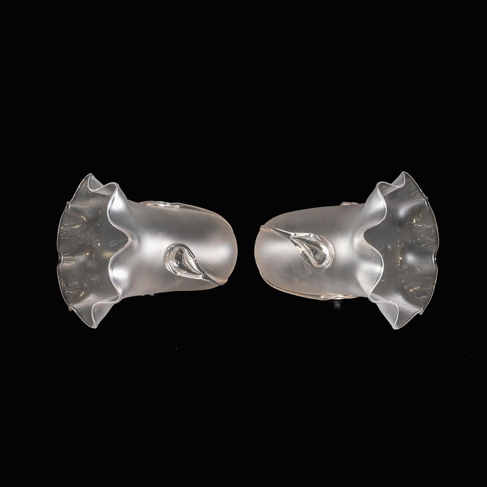 Hand-Crafted A Pair of Frosted Glass Shades with Teardrop Embellishments & Ruffled Rims For Sale