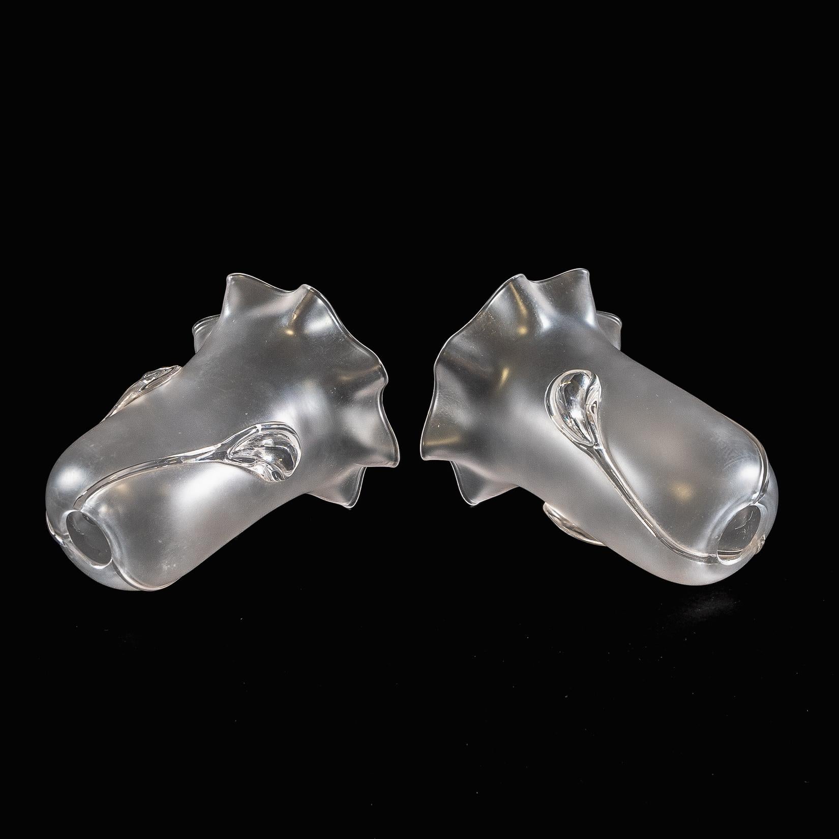 A Pair of Frosted Glass Shades with Teardrop Embellishments & Ruffled Rims For Sale 1