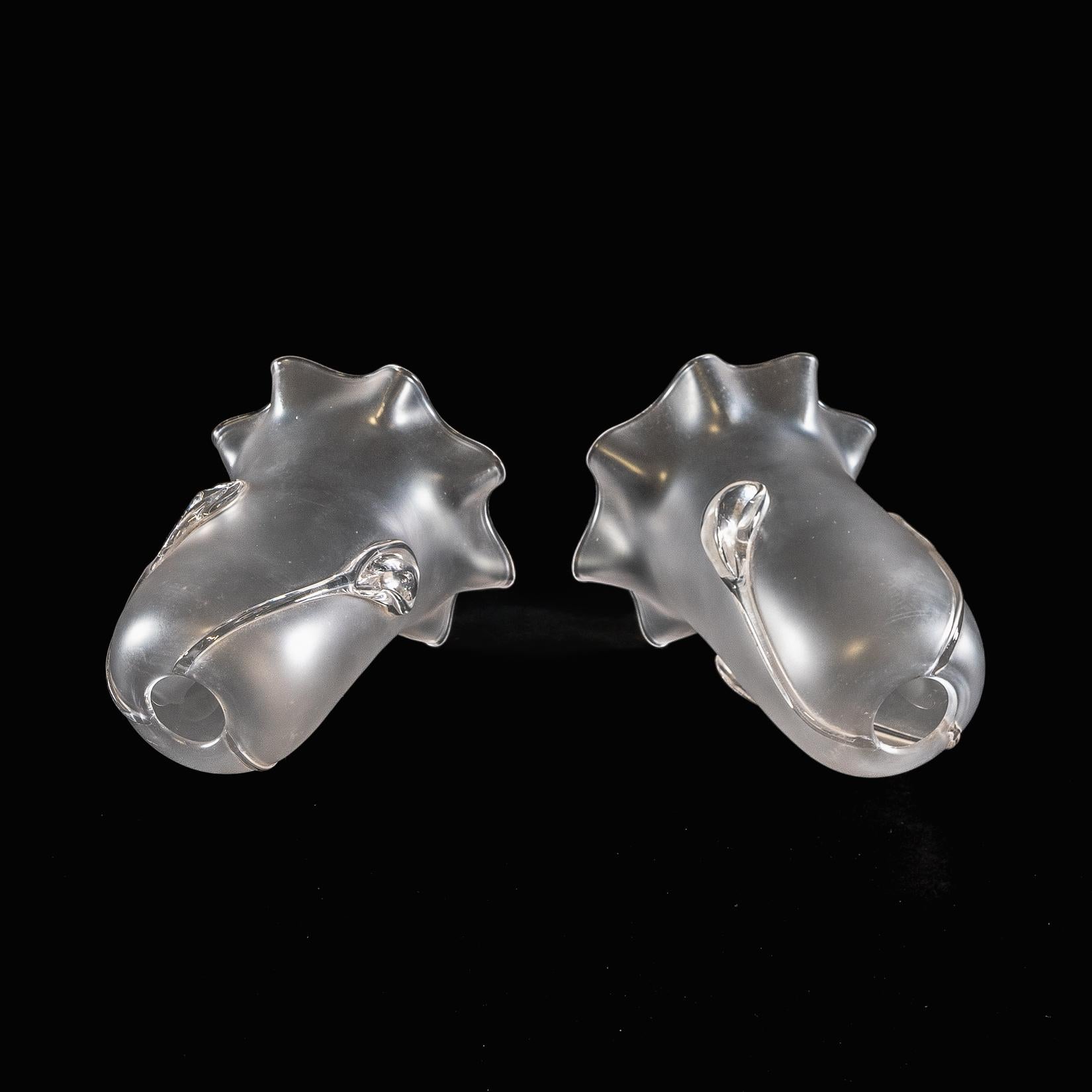 A Pair of Frosted Glass Shades with Teardrop Embellishments & Ruffled Rims For Sale 2