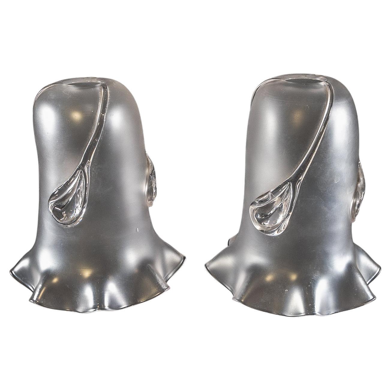 A Pair of Frosted Glass Shades with Teardrop Embellishments & Ruffled Rims For Sale