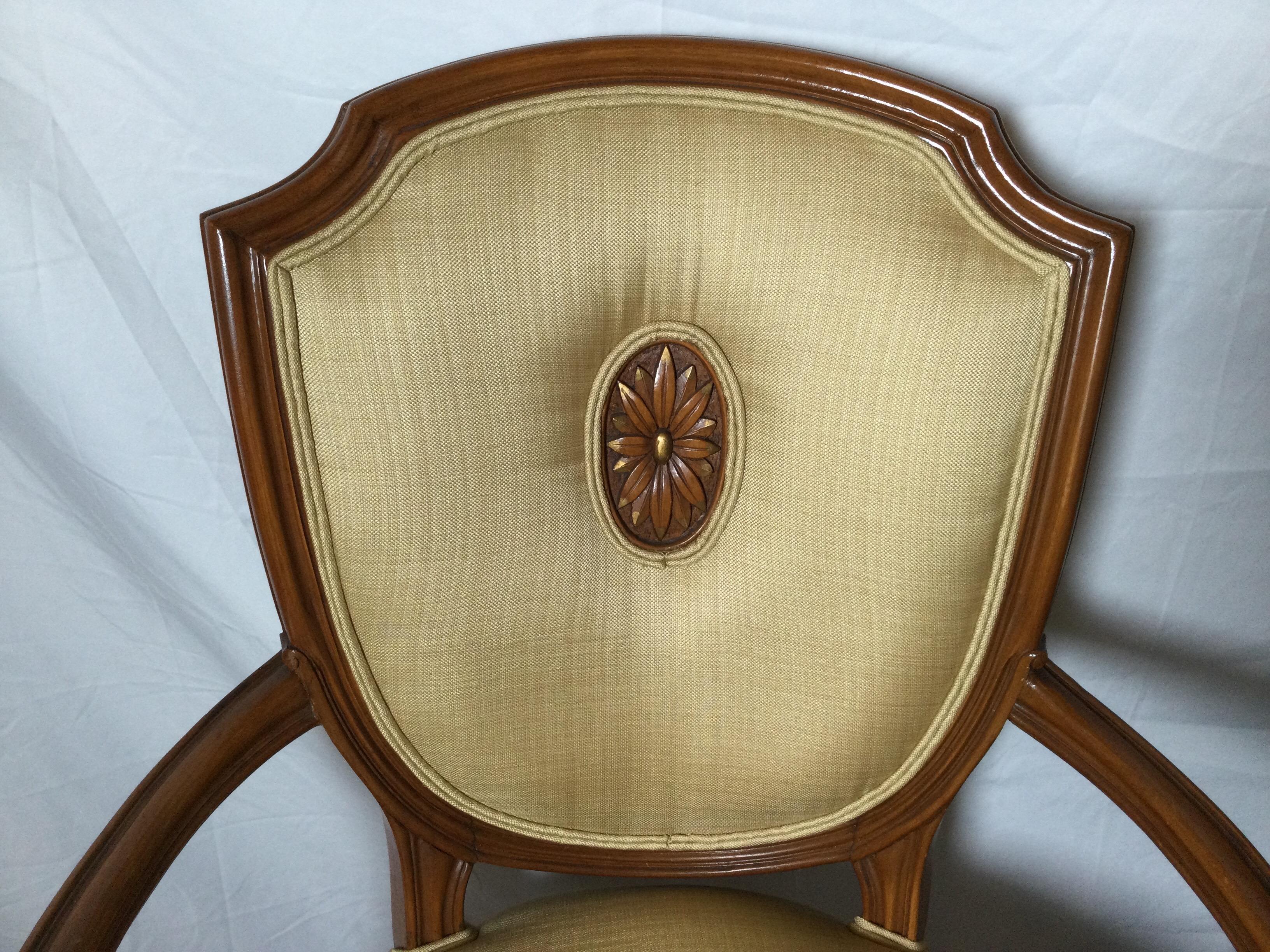 Neoclassical Pair of Fruitwood Shield Back Armchairs in Linen