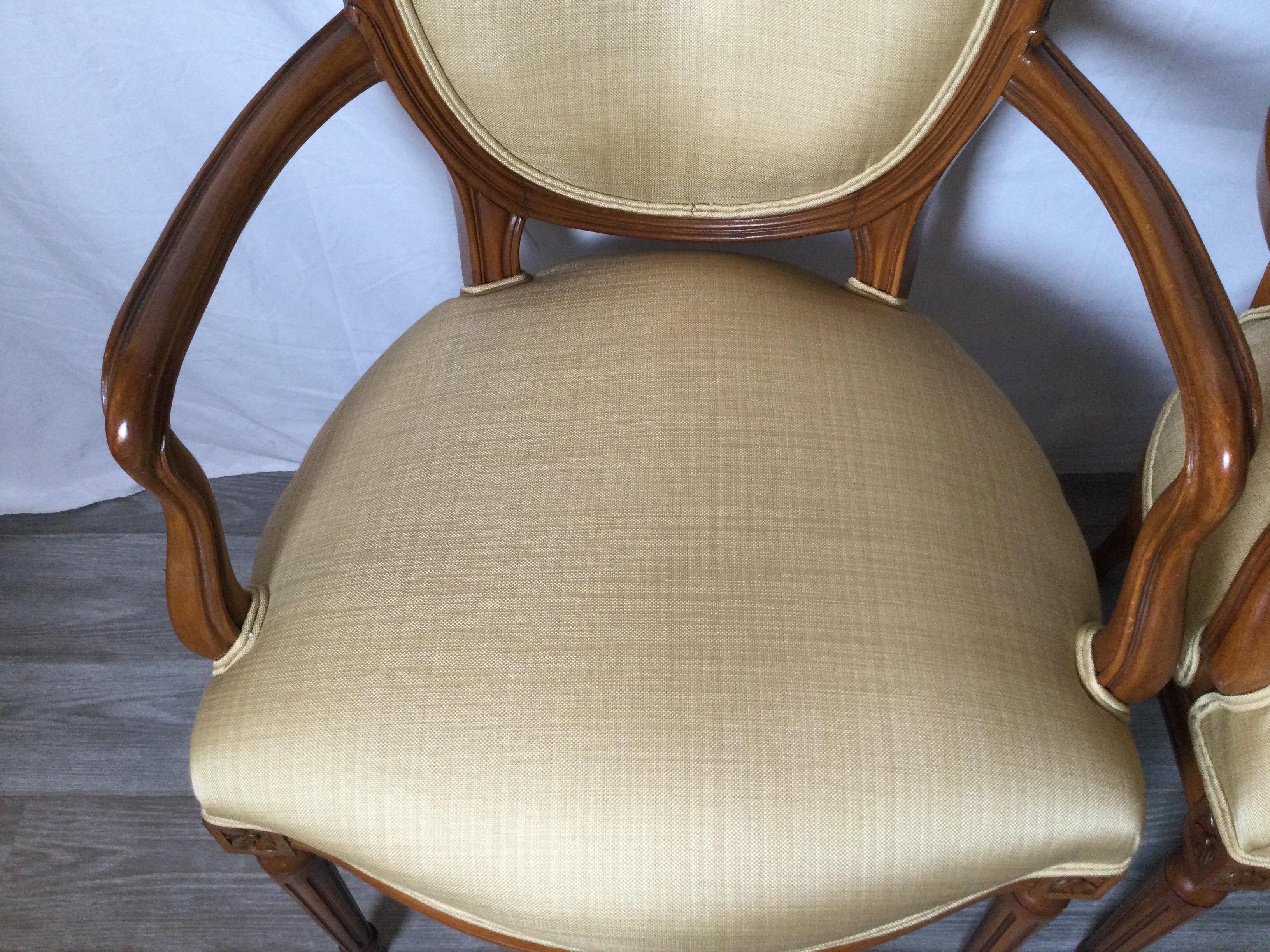 Italian Pair of Fruitwood Shield Back Armchairs in Linen