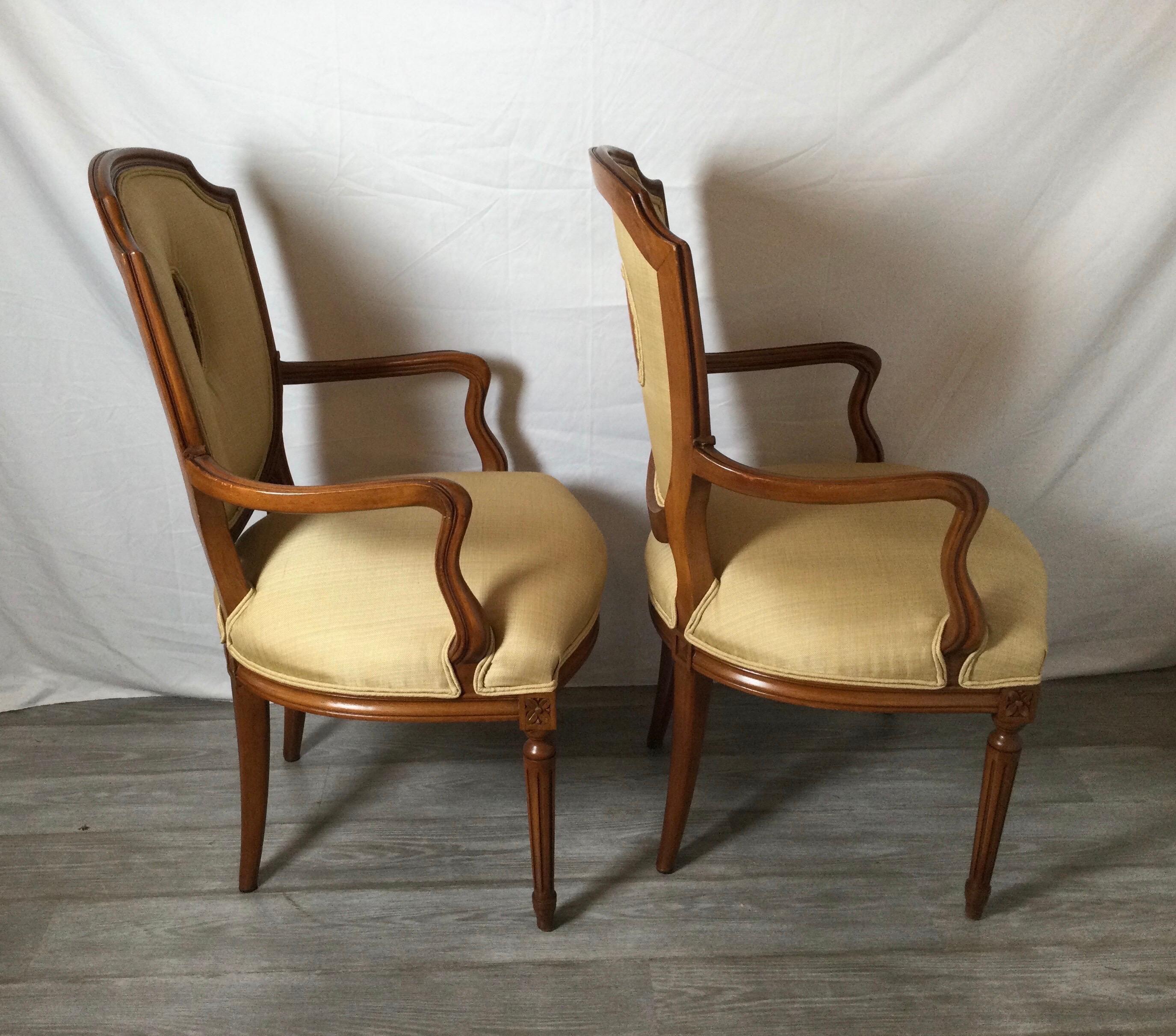 Pair of Fruitwood Shield Back Armchairs in Linen In Excellent Condition In Lambertville, NJ