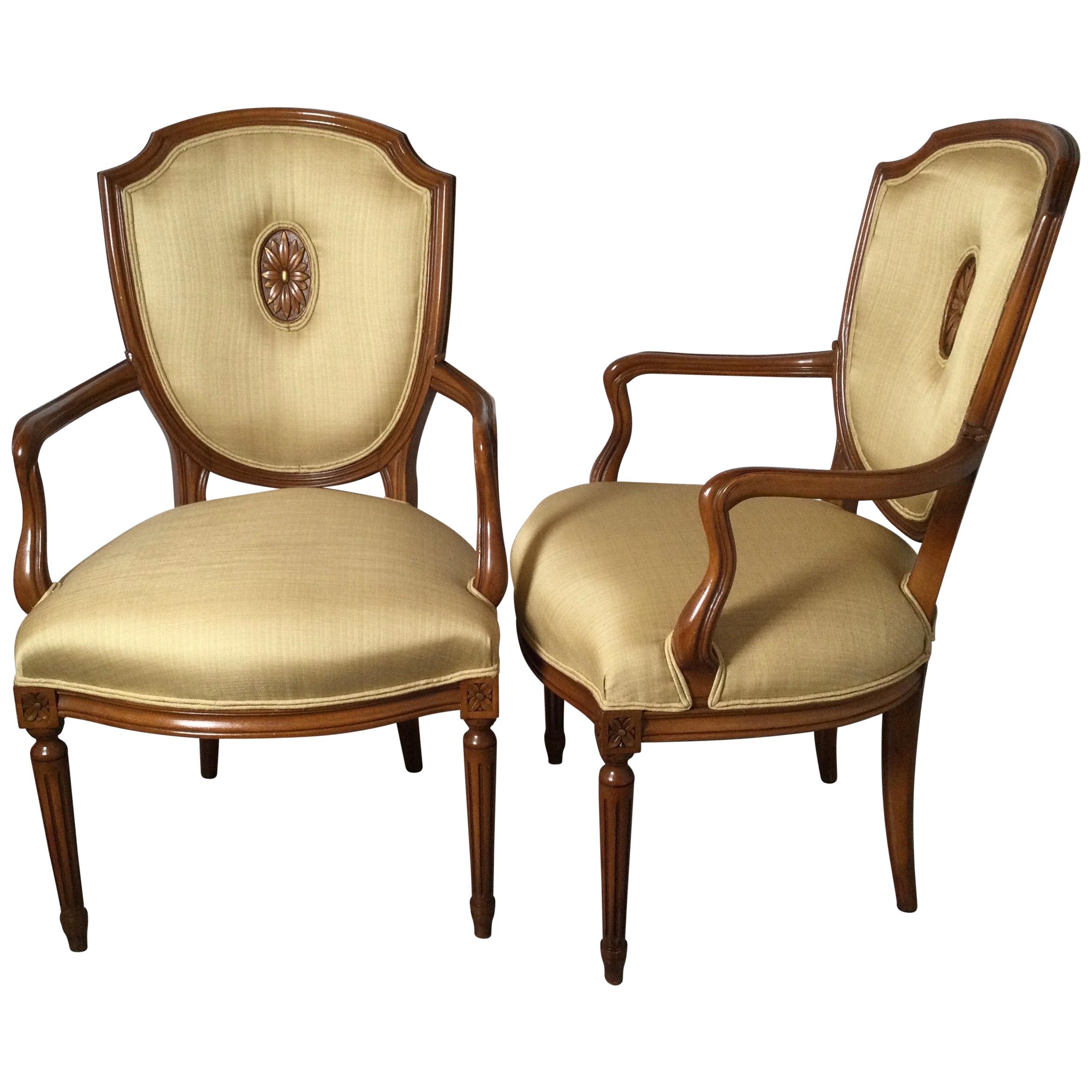 Pair of Fruitwood Shield Back Armchairs in Linen