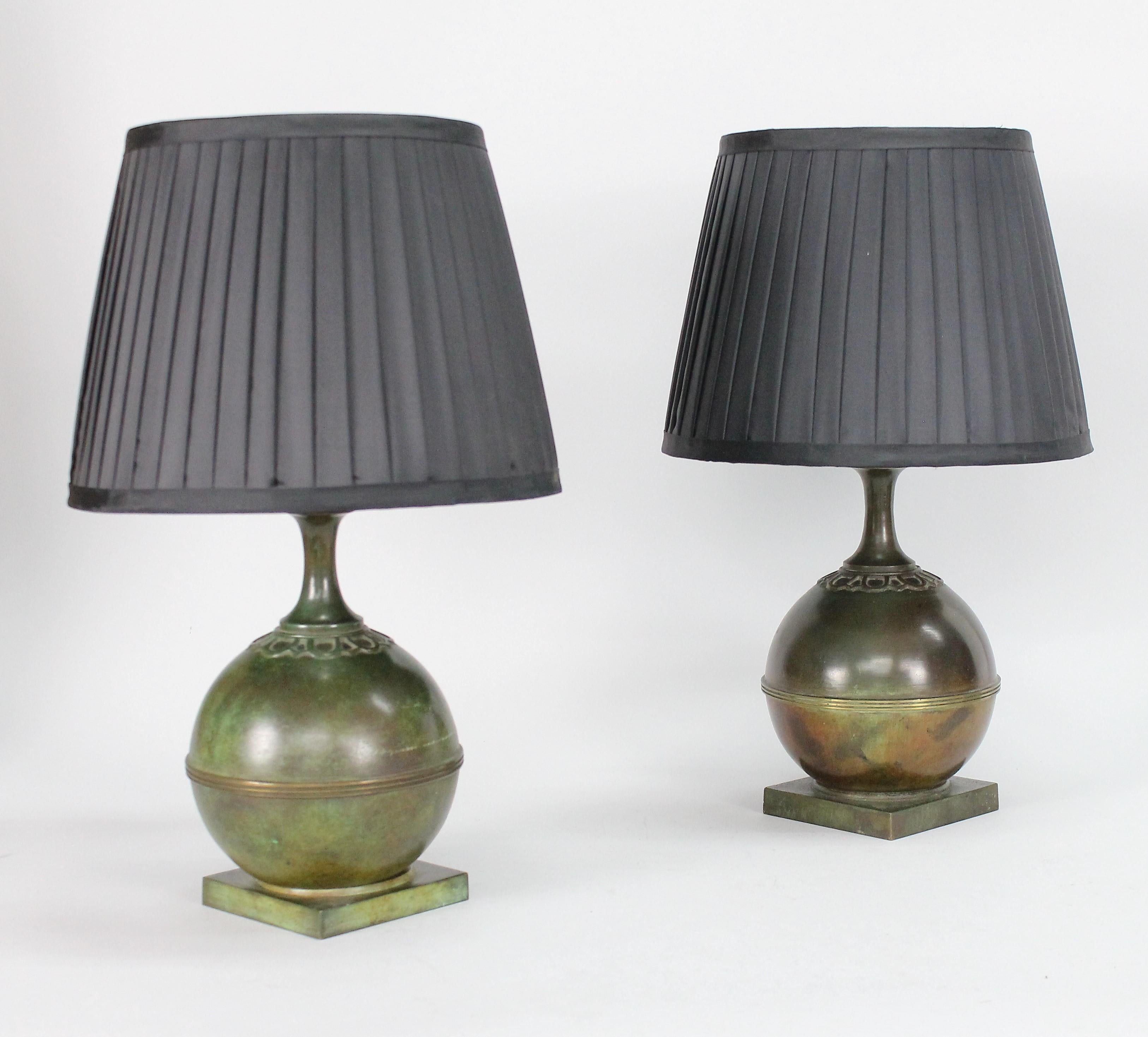 Pair of GAB Swedish Modern Patinated Bronze Table Lamps, 1930s 1