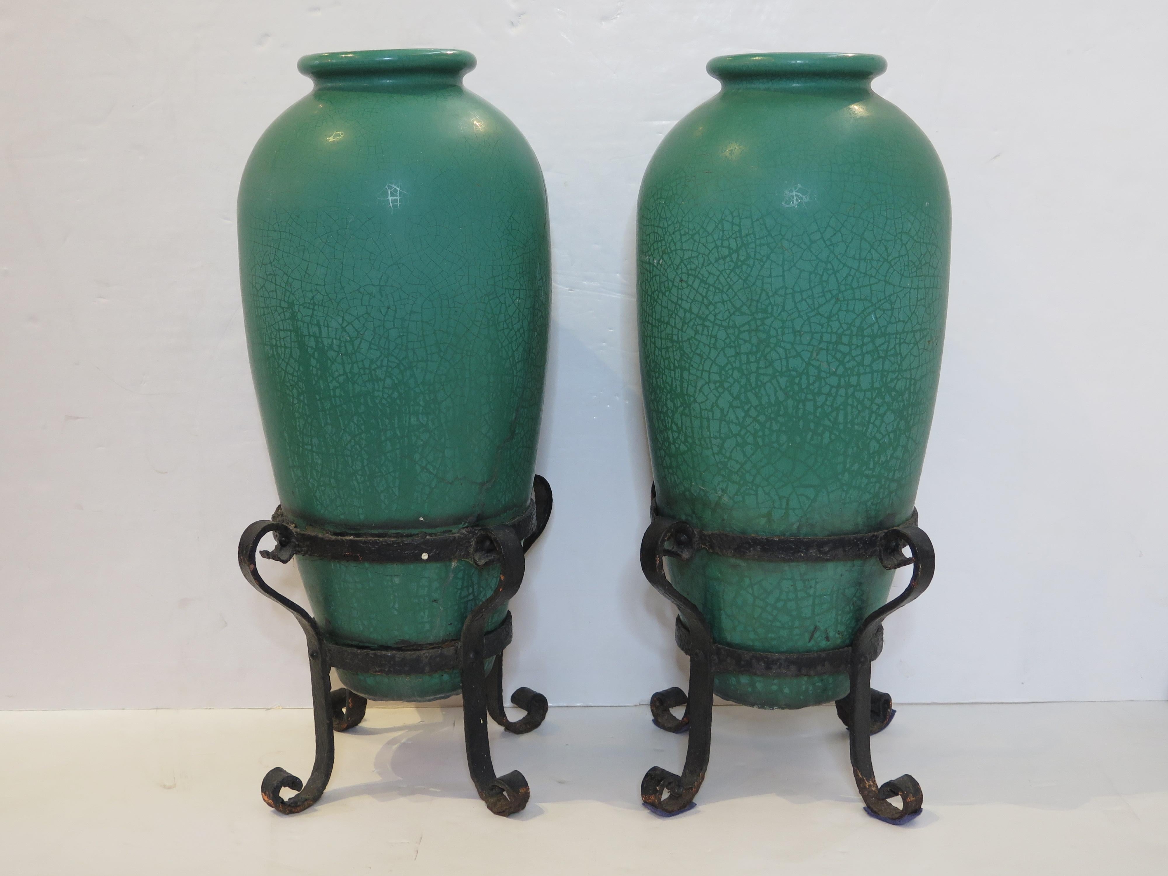 A Pair of Galloway Pottery Crackled Glaze Urns with Iron Stands 7