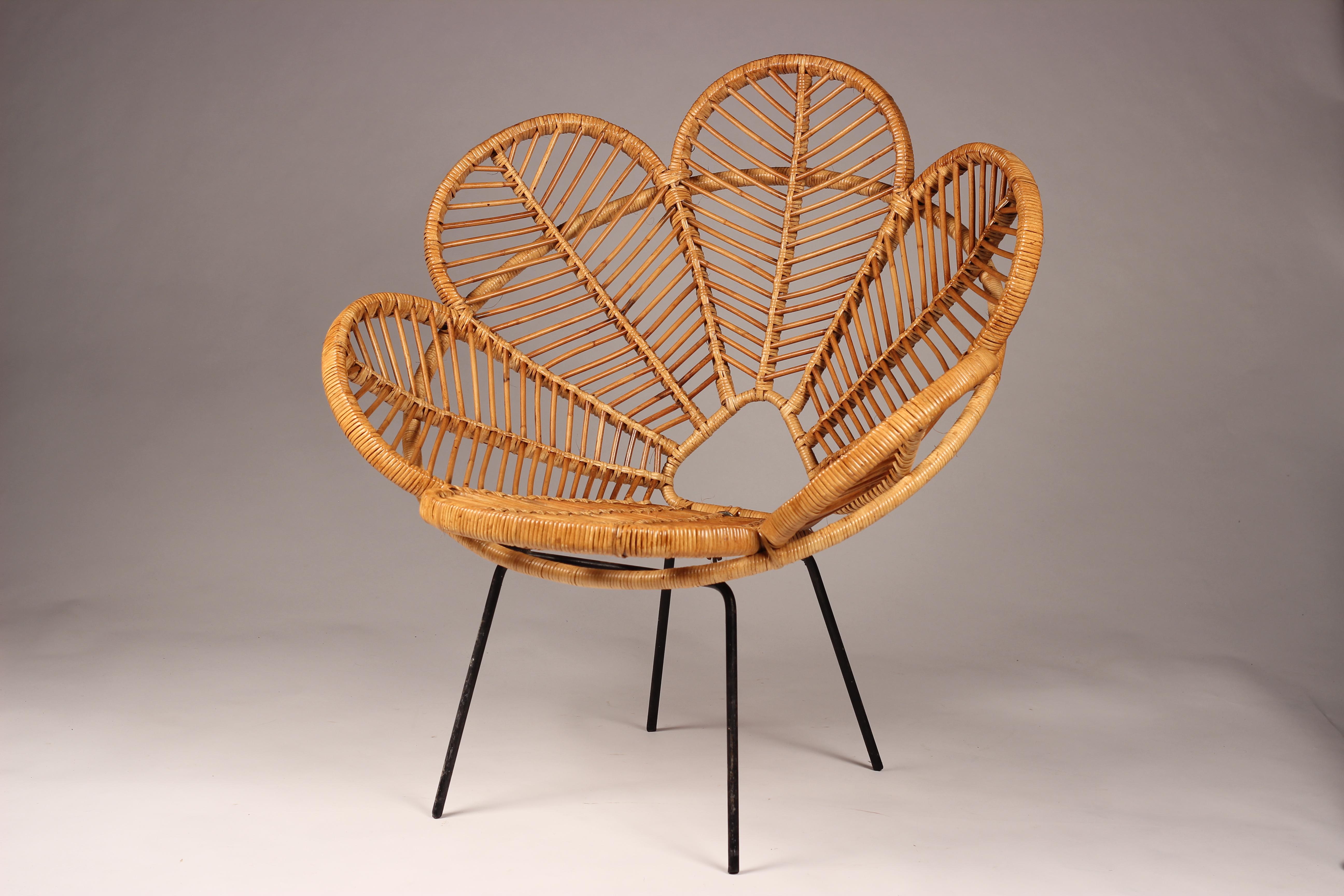 Mid-Century Modern Pair of Garden Chairs Mid Century French Design in Cane, Wicker and Raffia