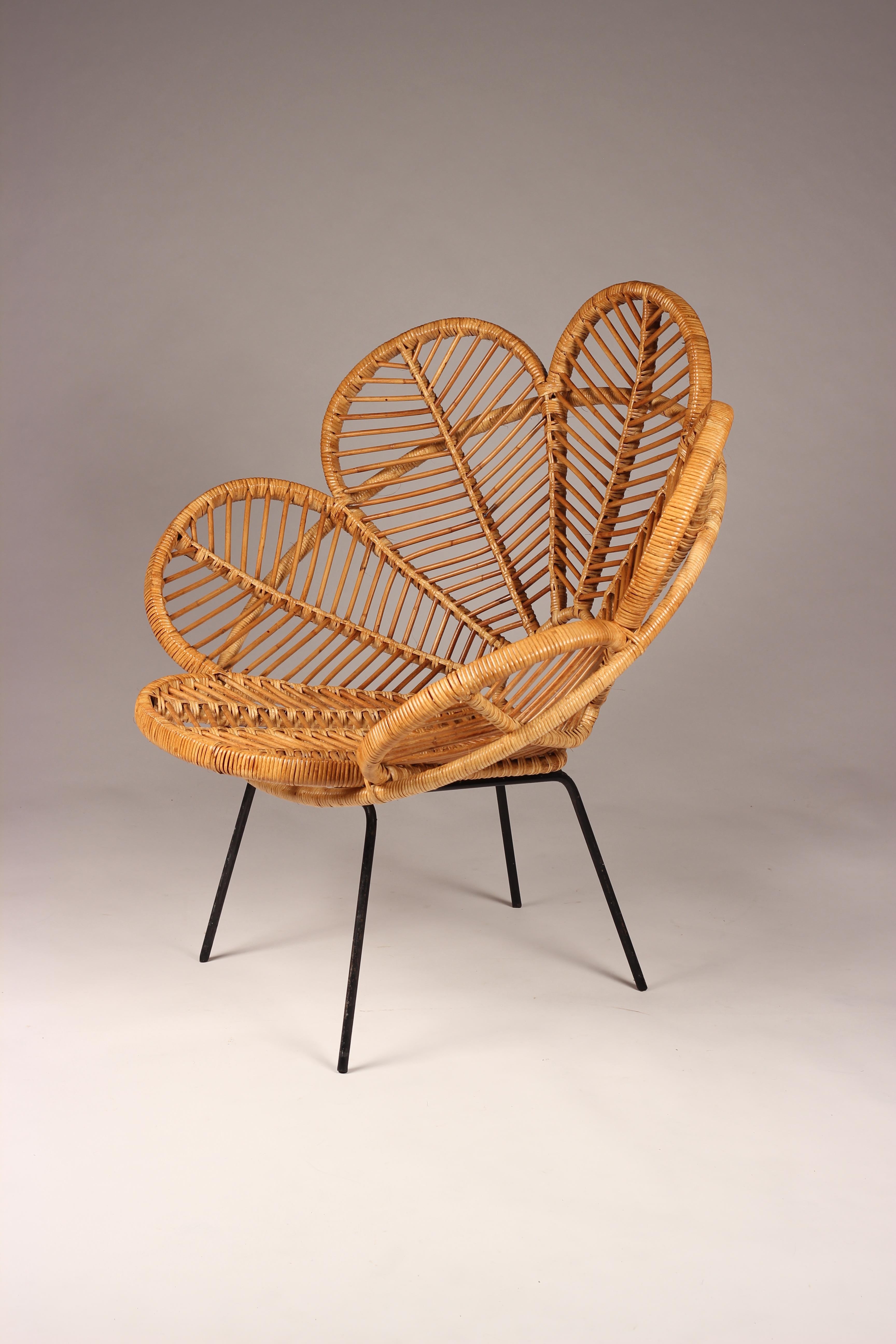 Mid-20th Century Pair of Garden Chairs Mid Century French Design in Cane, Wicker and Raffia