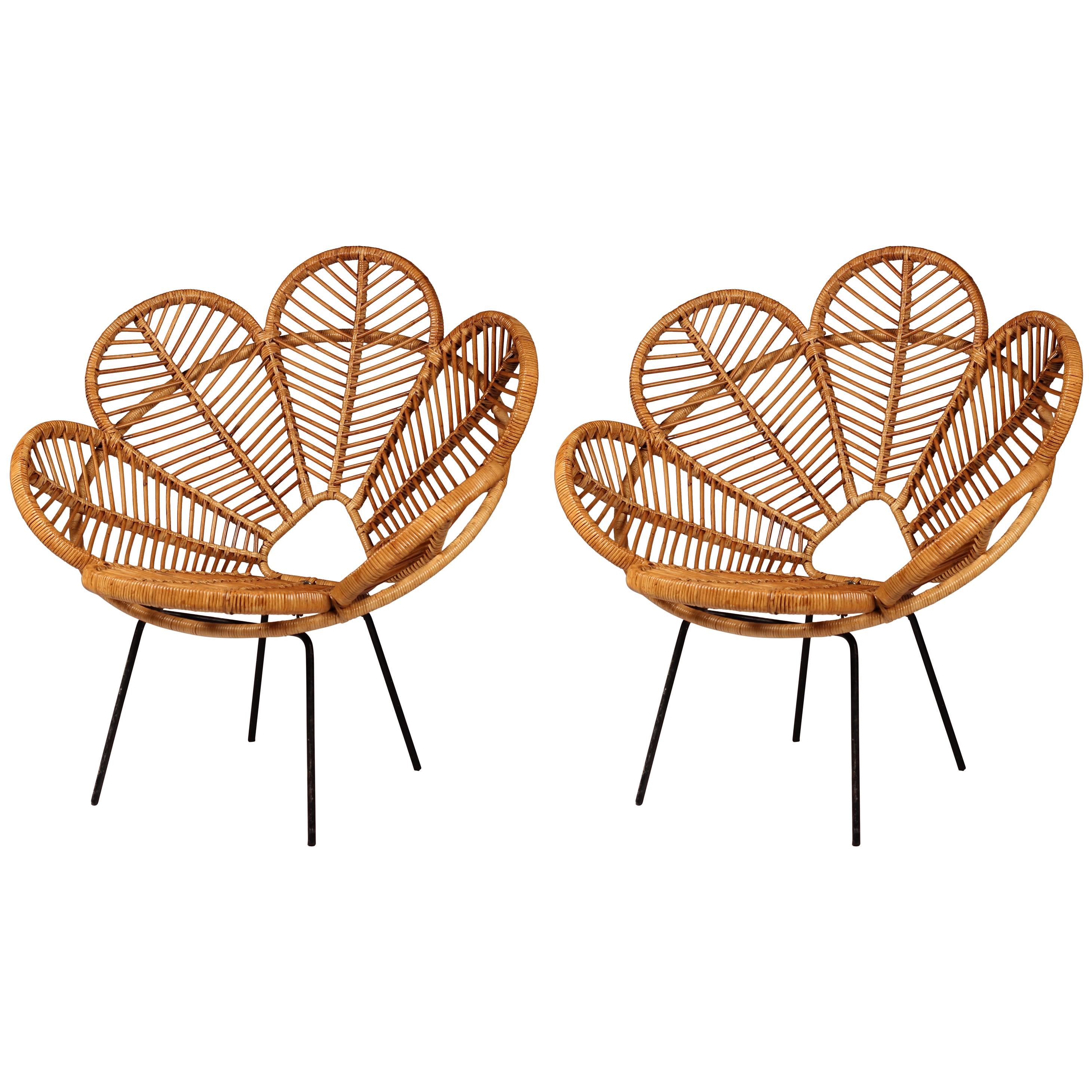 Pair of Garden Chairs Mid Century French Design in Cane, Wicker and Raffia