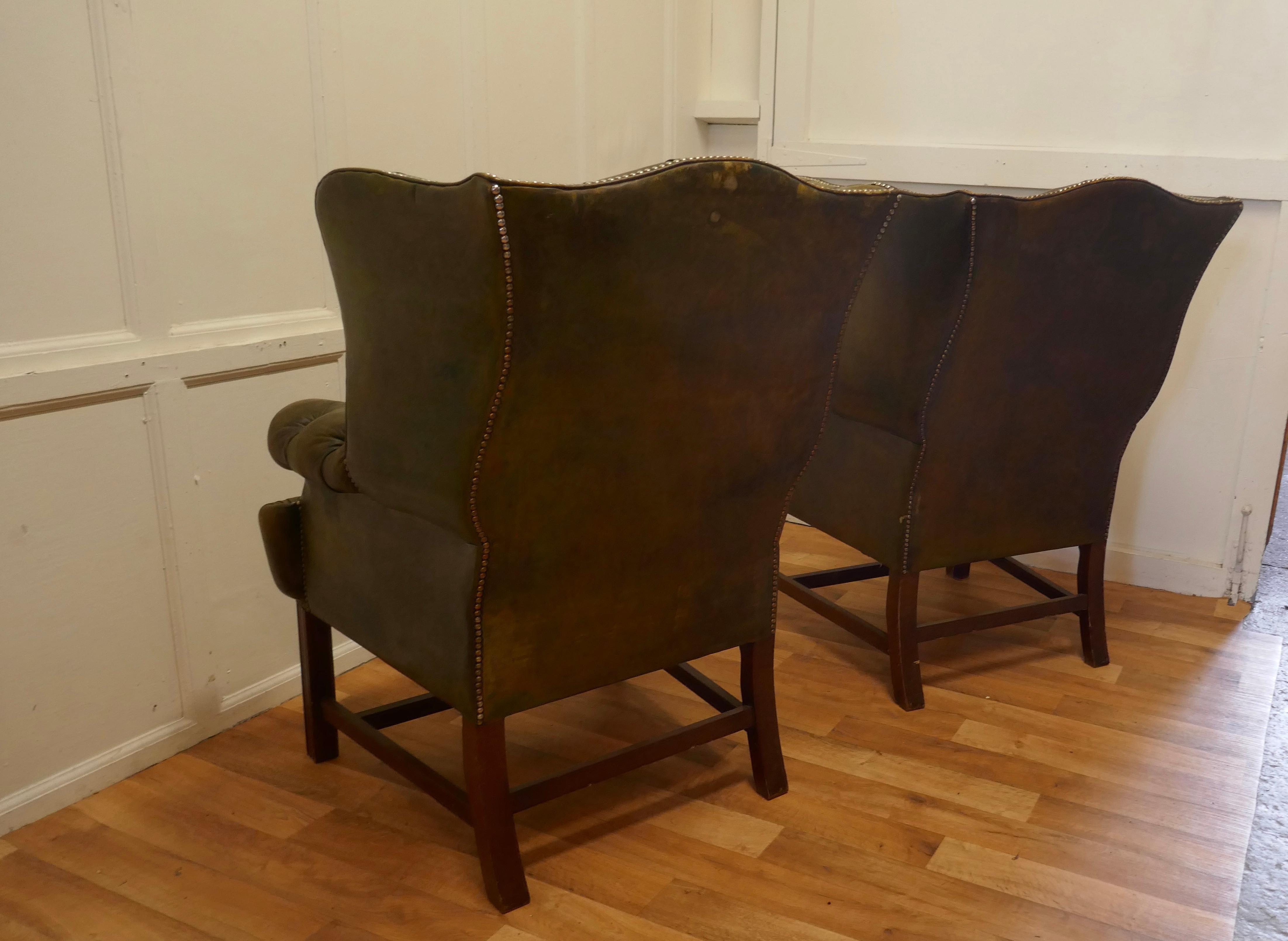 20th Century Pair of Gentleman’s Wing Back Leather Chesterfield Library Chairs  For Sale