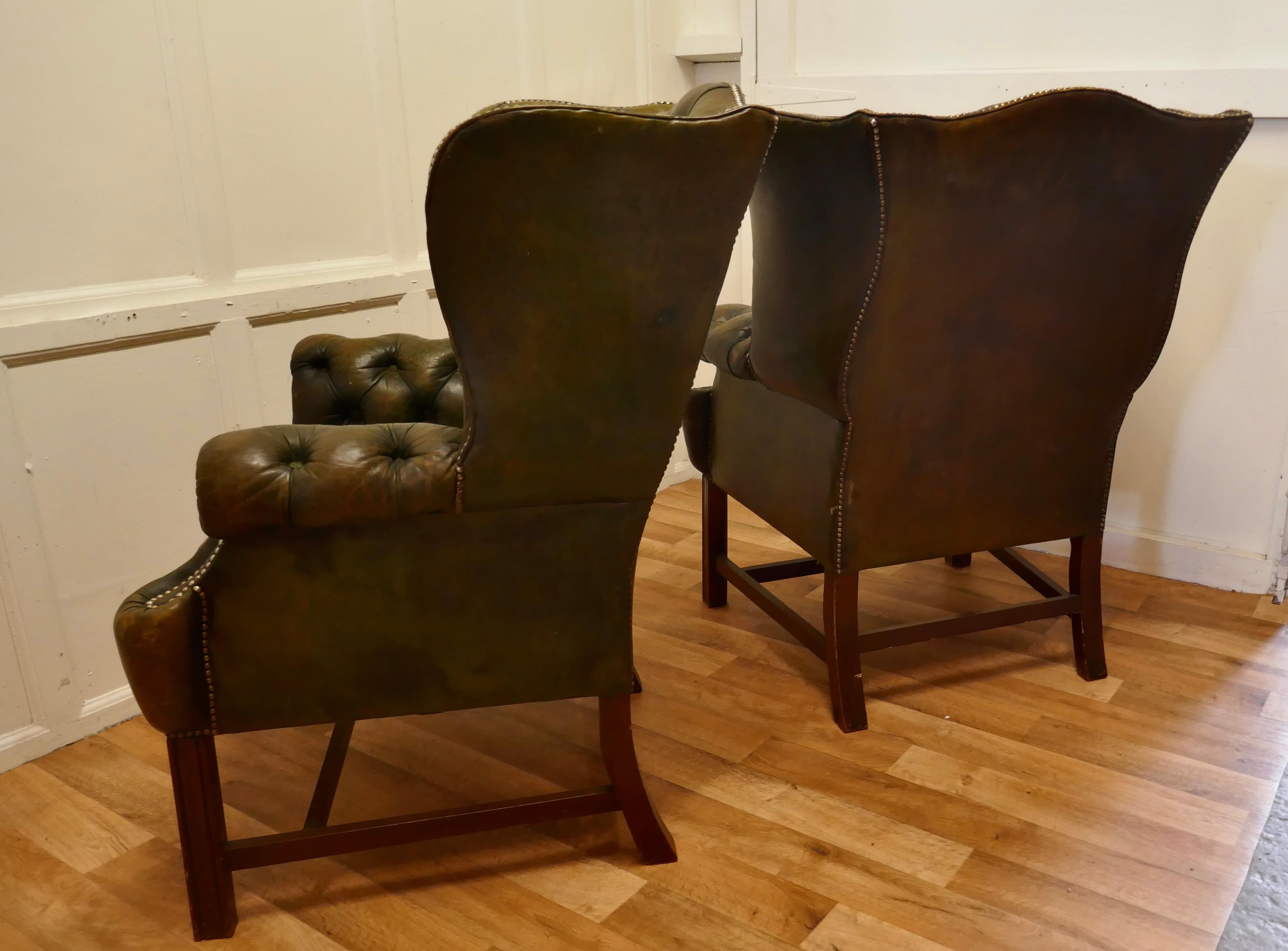 Pair of Gentleman’s Wing Back Leather Chesterfield Library Chairs  For Sale 1