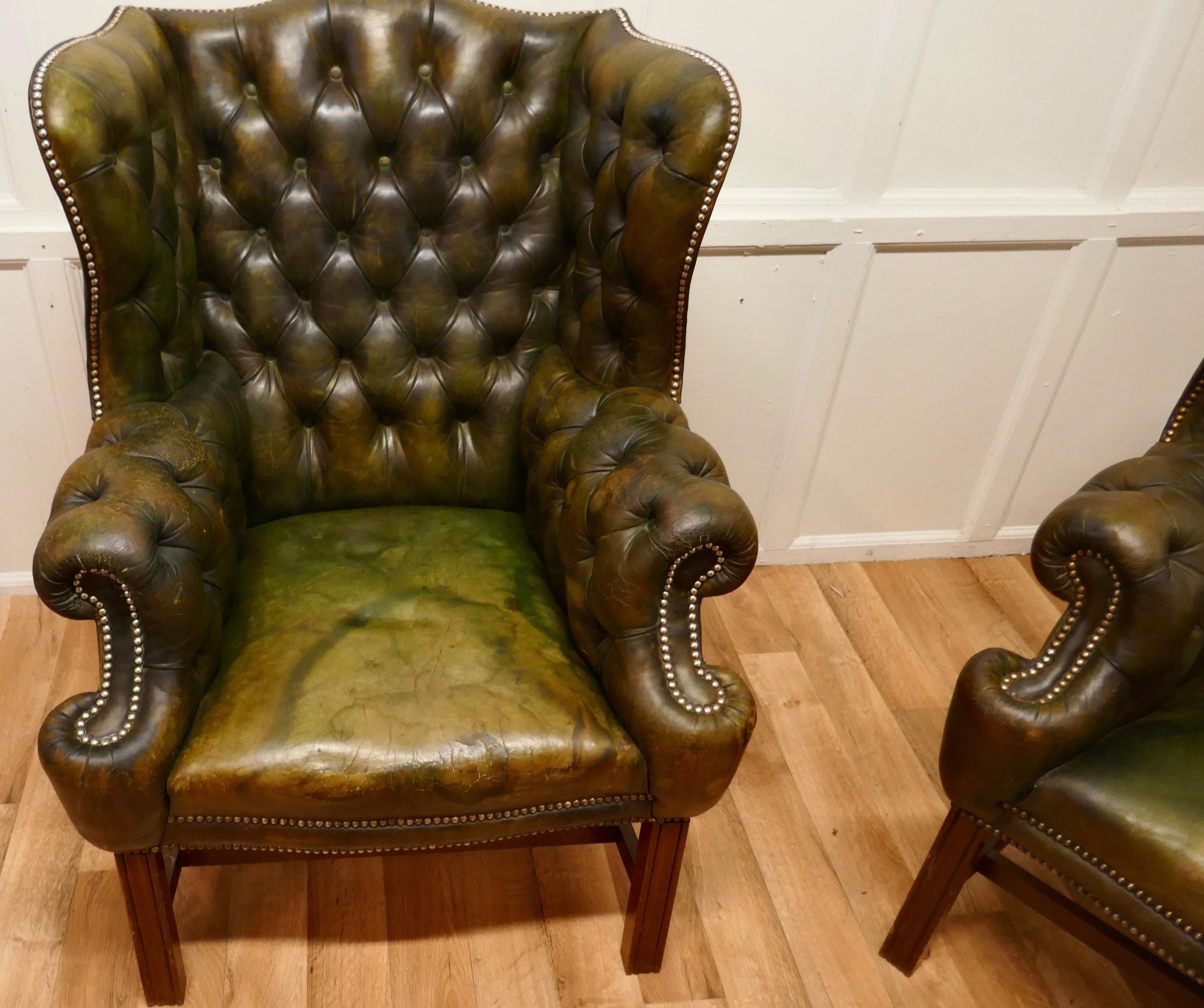 Pair of Gentleman’s Wing Back Leather Chesterfield Library Chairs  For Sale 2