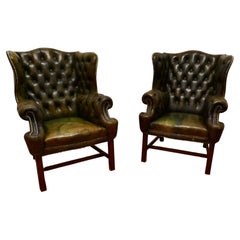 Pair of Gentleman’s Wing Back Leather Chesterfield Library Chairs 