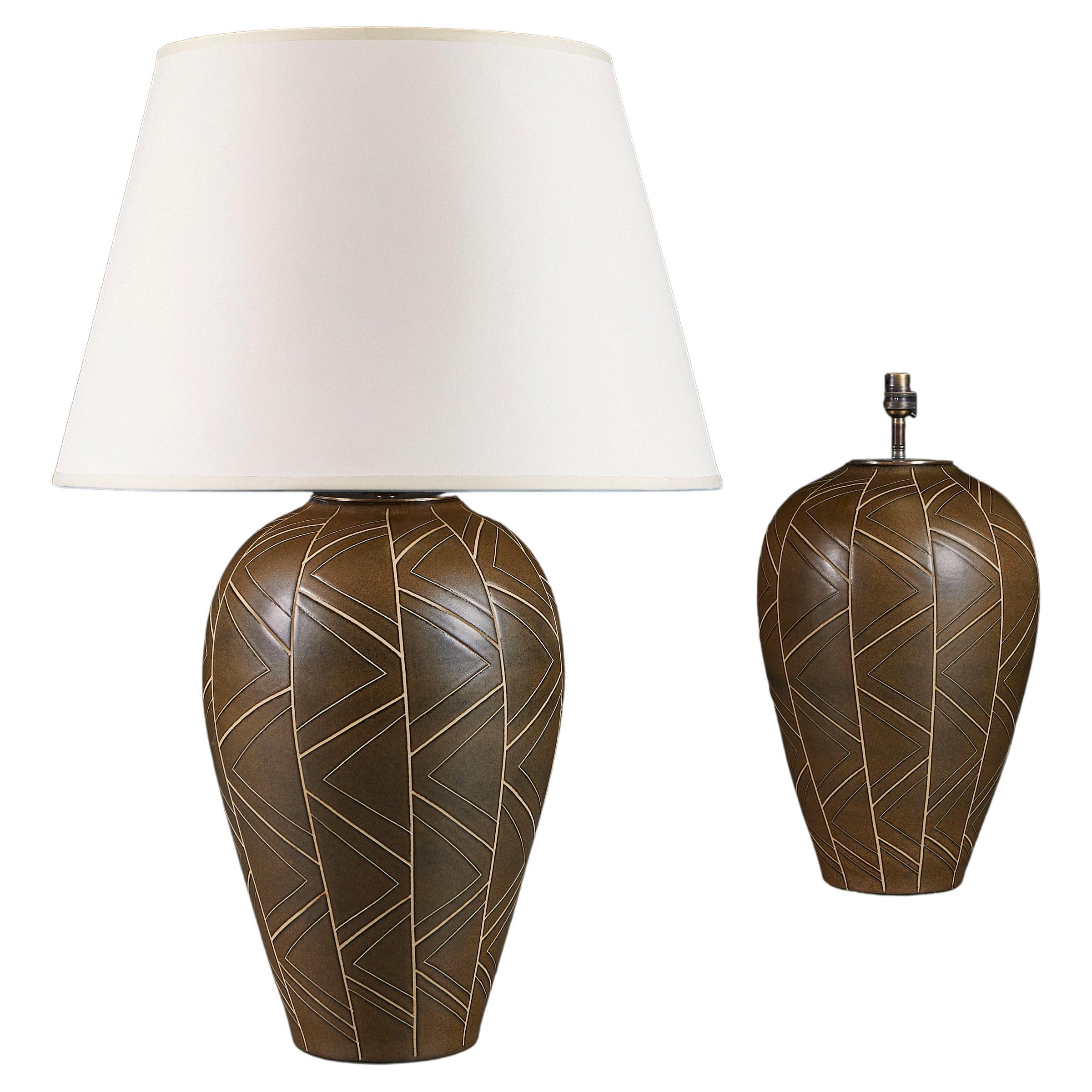 Pair of Geometric Sgraffito Art Pottery Lamps