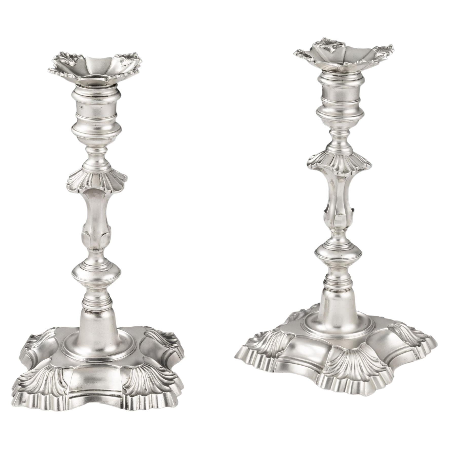 Pair of George II Cast Candlesticks Made in London in 1748 by William Gould For Sale
