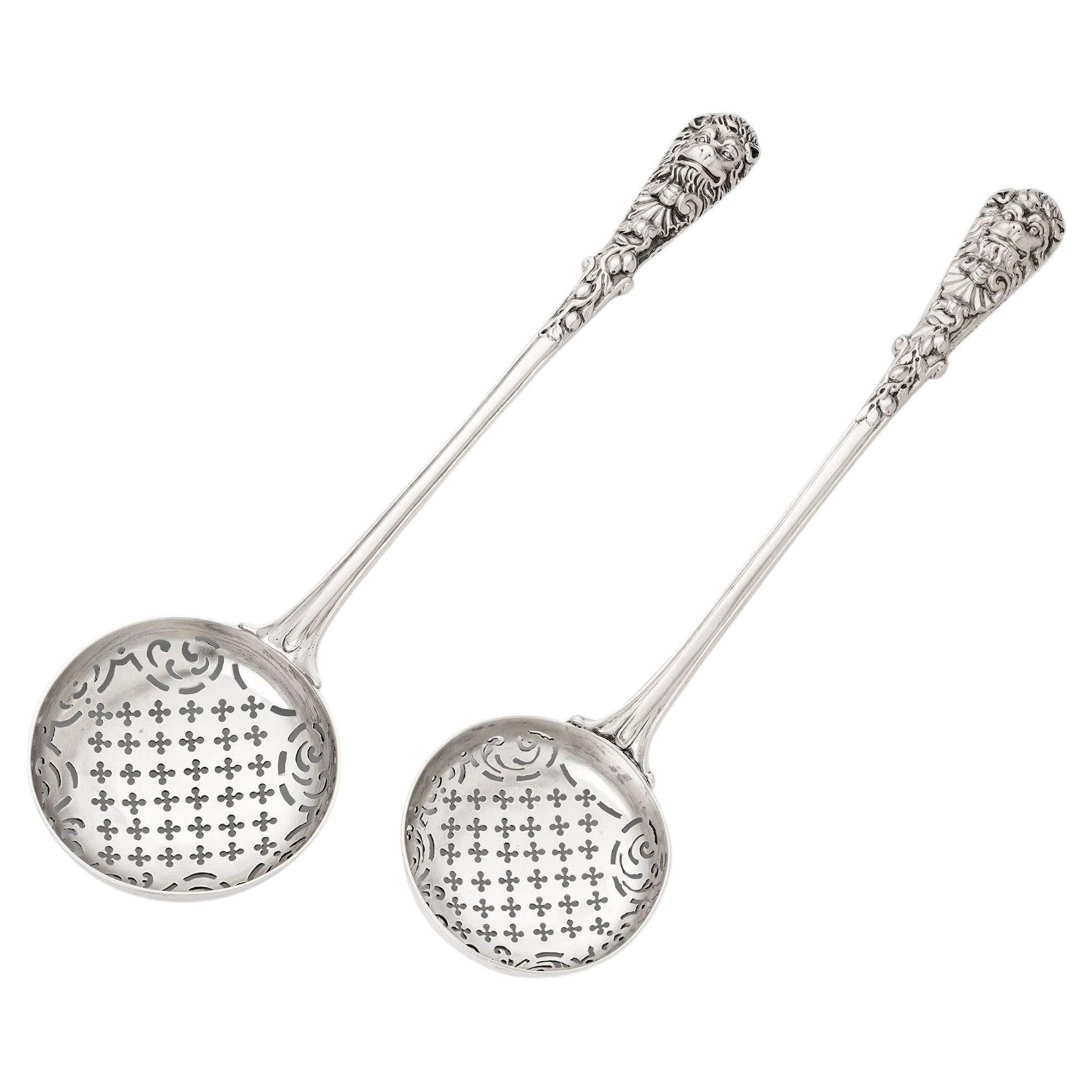 A pair of George II Cast Sifter Spoons, London, 1754/55 by William Cripps. For Sale
