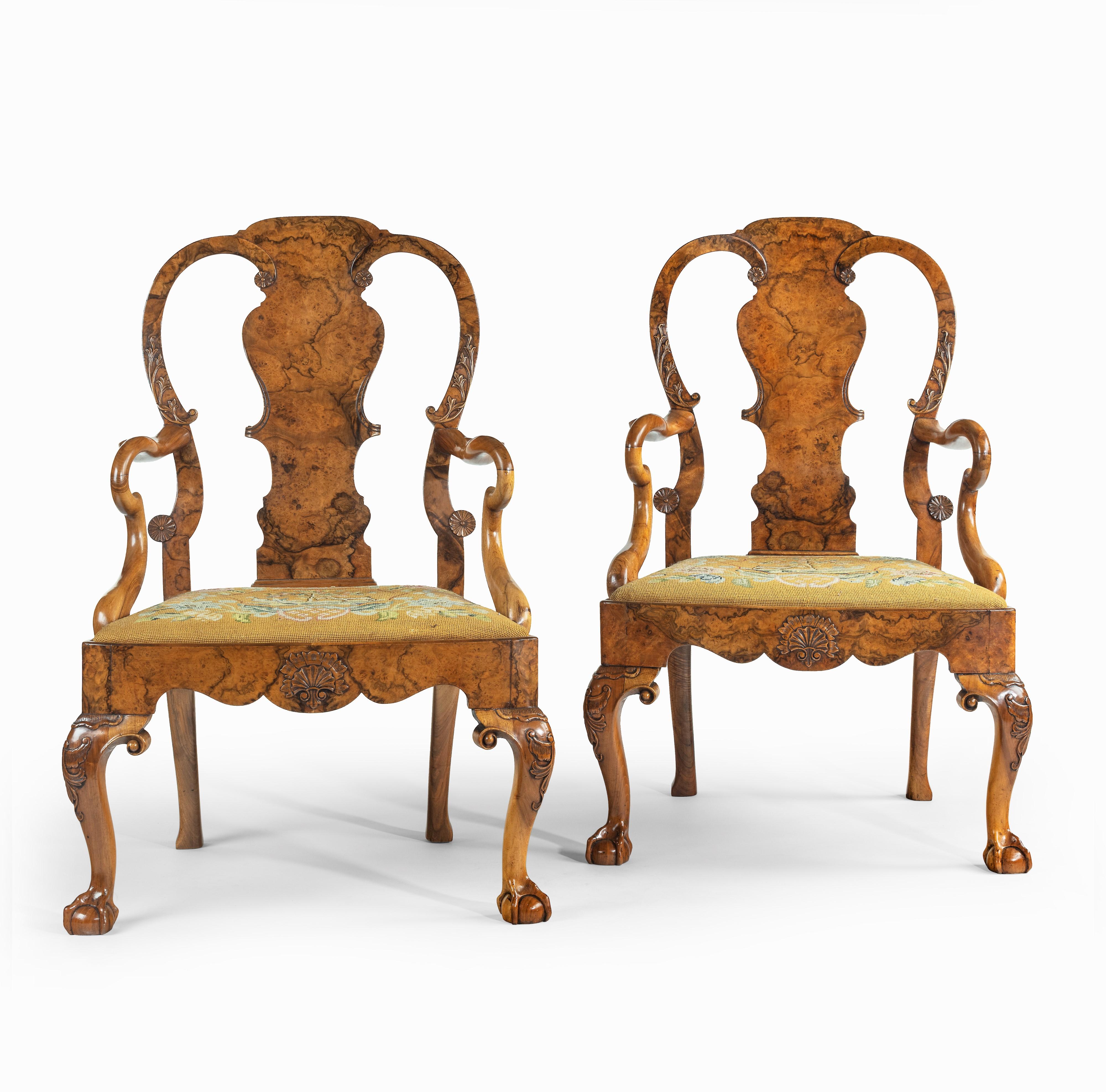 Pair of George II Style Walnut Open Arm Chairs, Possibly by Charles Tozer 5