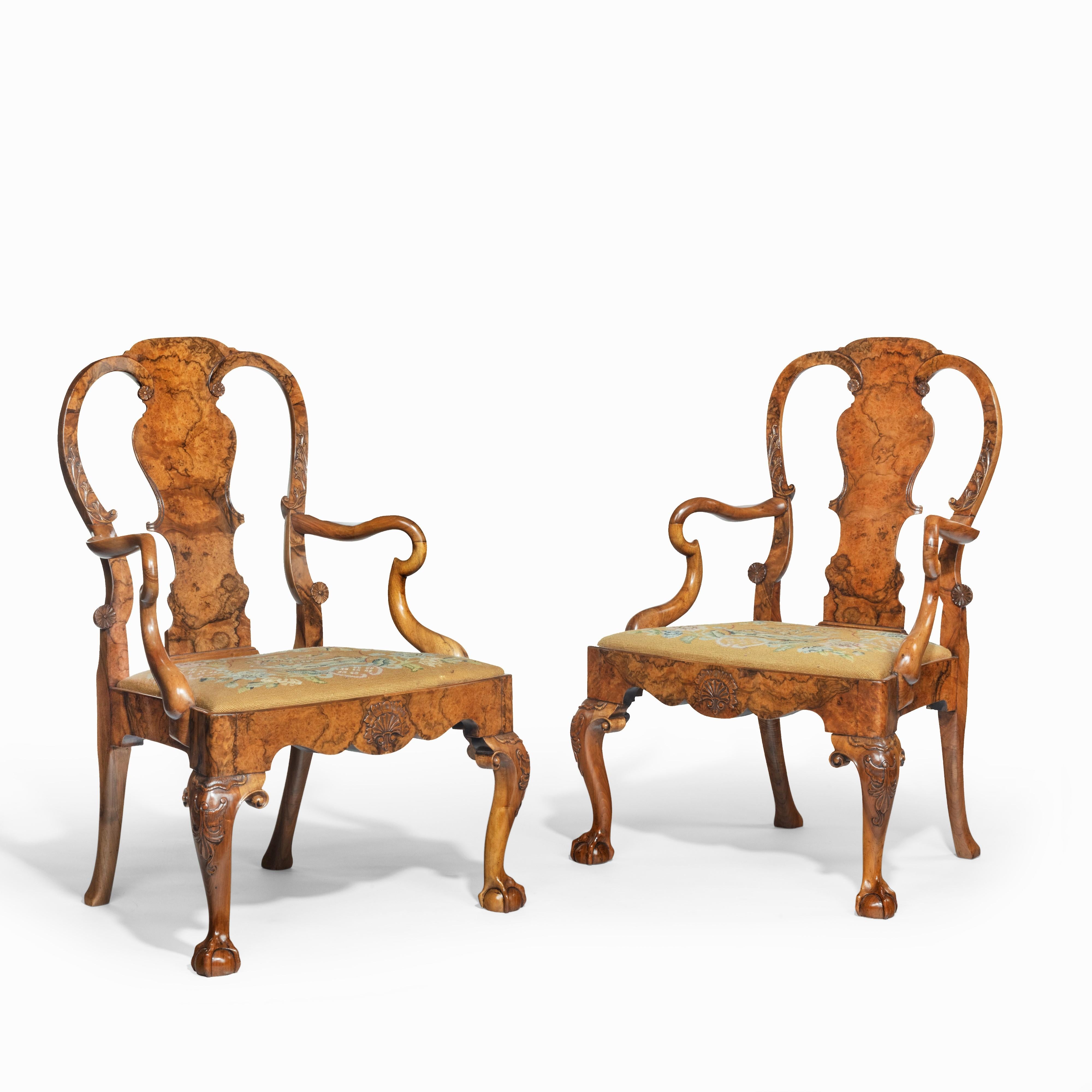 Pair of George II Style Walnut Open Arm Chairs, Possibly by Charles Tozer 3