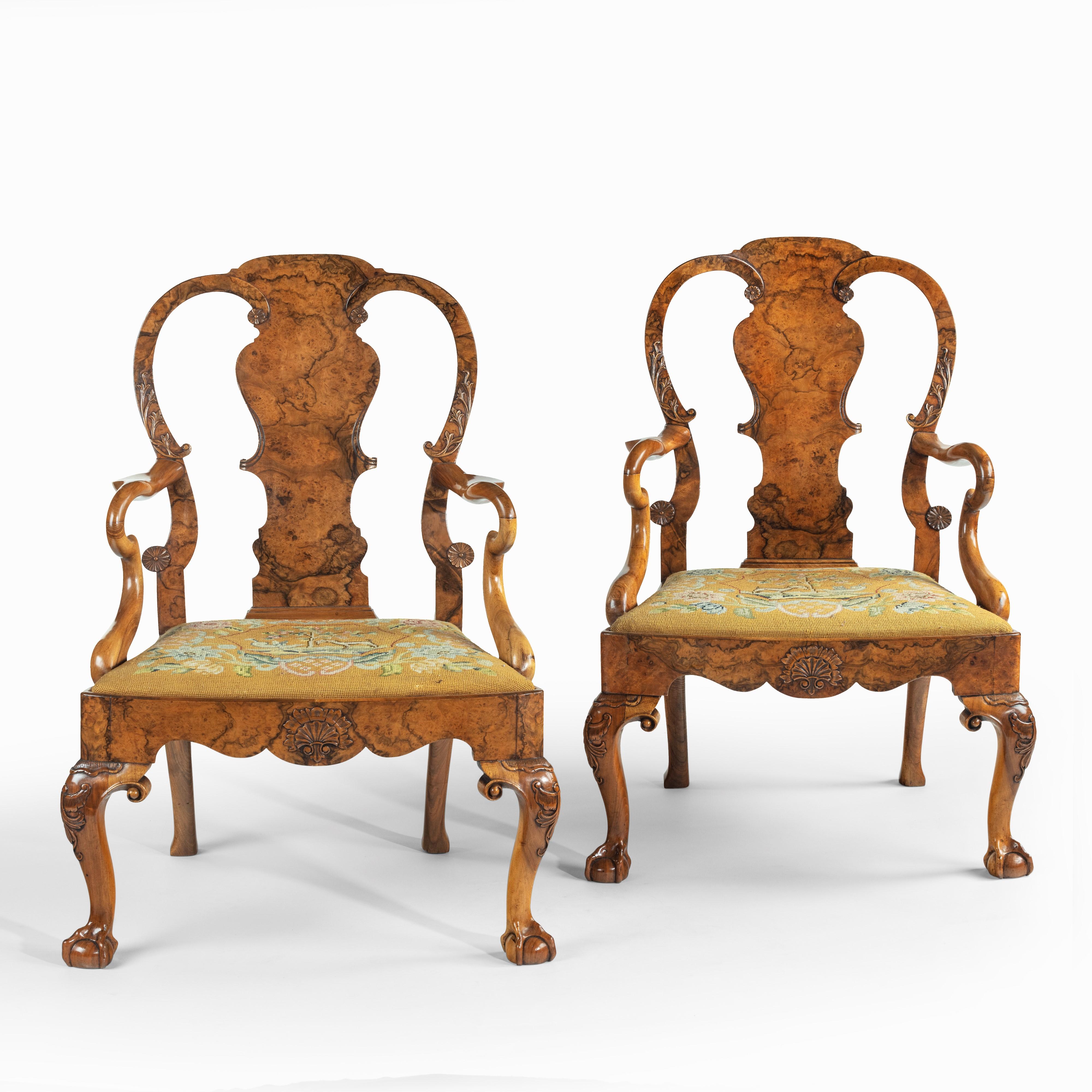 Pair of George II Style Walnut Open Arm Chairs, Possibly by Charles Tozer 4