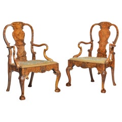 Pair of George II Style Walnut Open Arm Chairs, Possibly by Charles Tozer