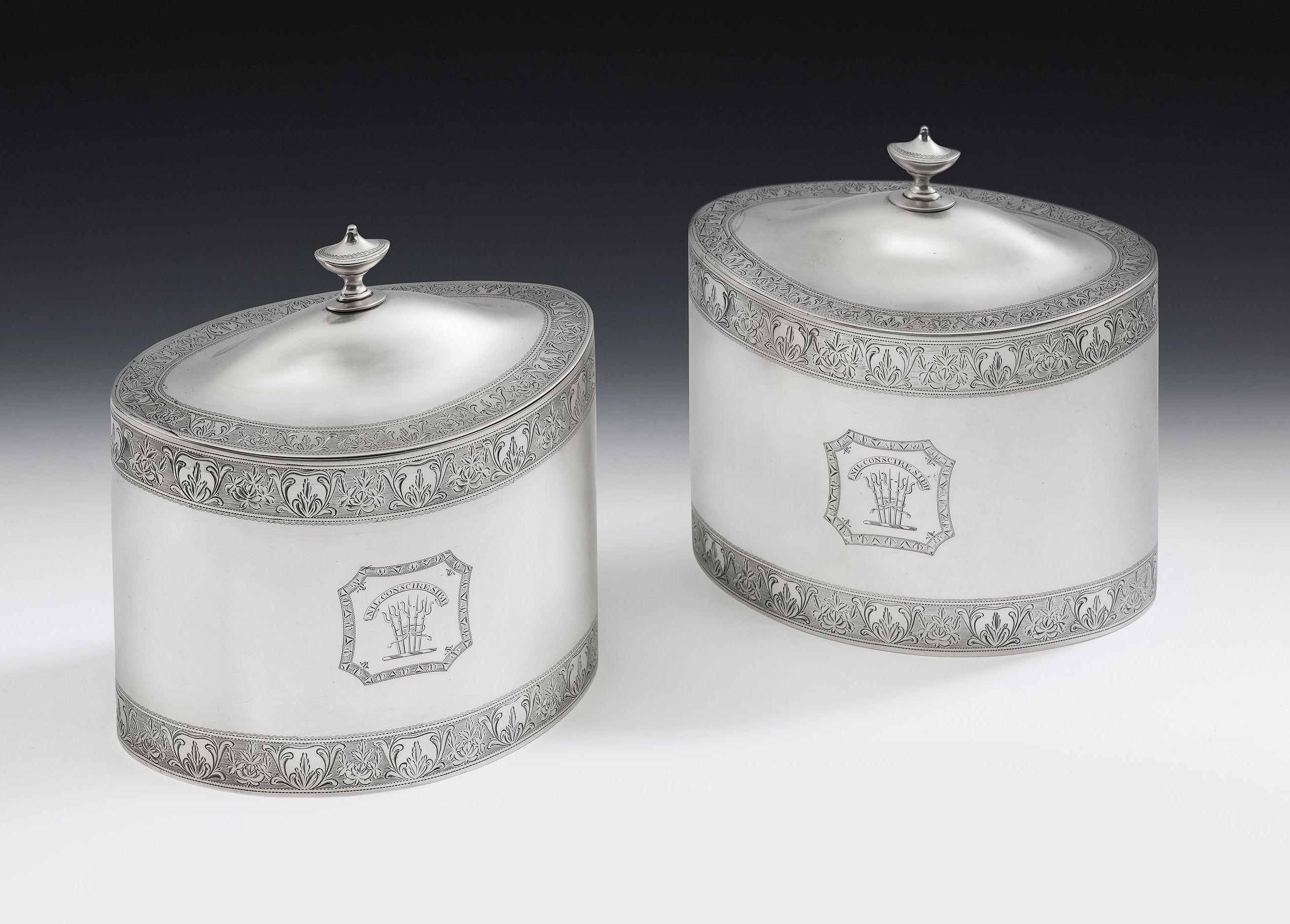 The Faulkbourne hall cased tea caddies. An important and very unusual pair of George III tea caddies made in London in 1793 by William Frisbee, all contained within a contemporary velvet and silk lined satinwood case. The hinges and handle also