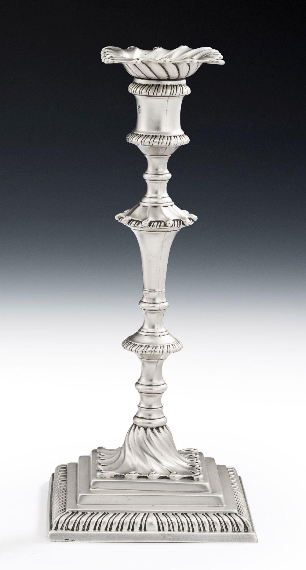 British Pair of George III Cast Candlesticks Made in London in 1771 by Ebenezer Coker For Sale