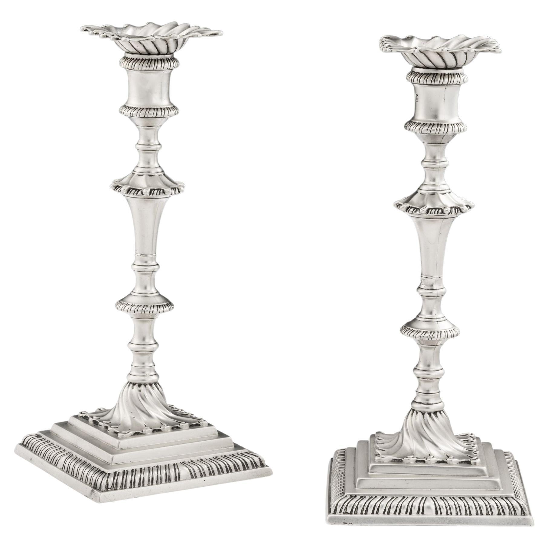 Pair of George III Cast Candlesticks Made in London in 1771 by Ebenezer Coker