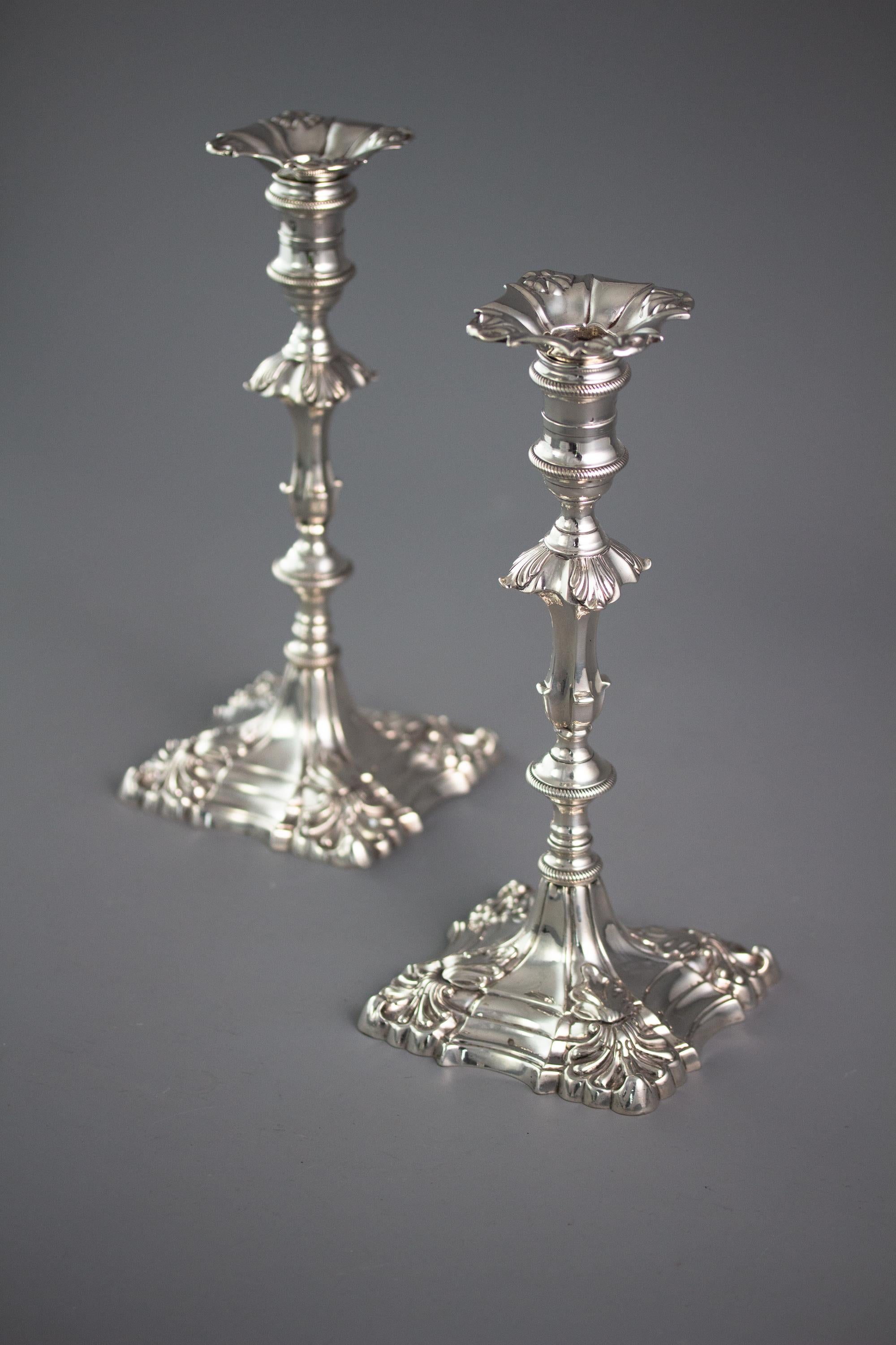 Pair of George III Cast Silver Candlesticks by Ebenezer Coker, London 1764 5