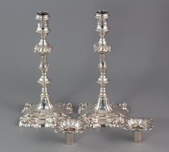 Pair of George III Cast Silver Candlesticks by Ebenezer Coker, London 1764