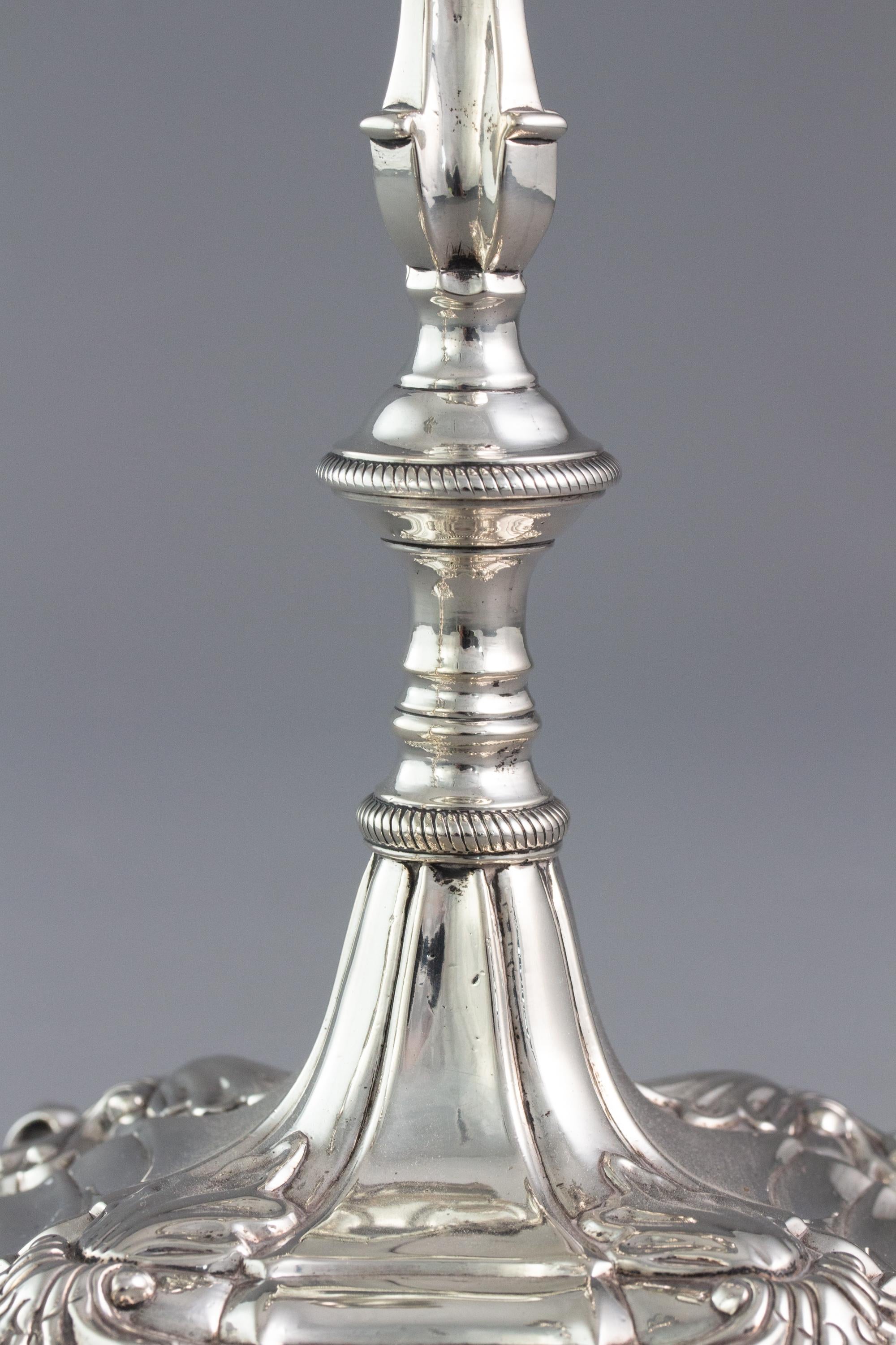 Sterling Silver Pair of George III Cast Silver Candlesticks by Ebenezer Coker, London 1764