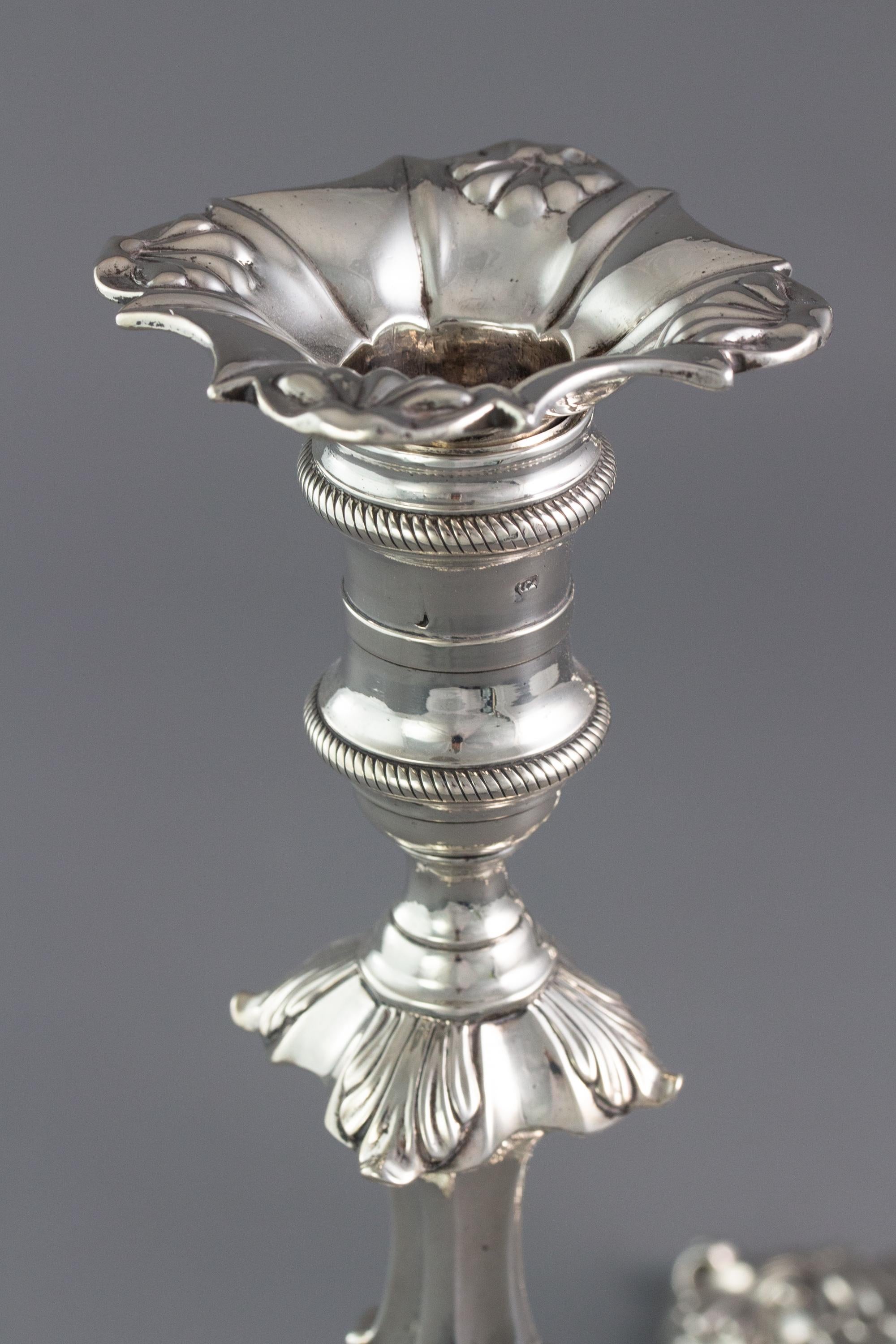 Pair of George III Cast Silver Candlesticks by Ebenezer Coker, London 1764 1