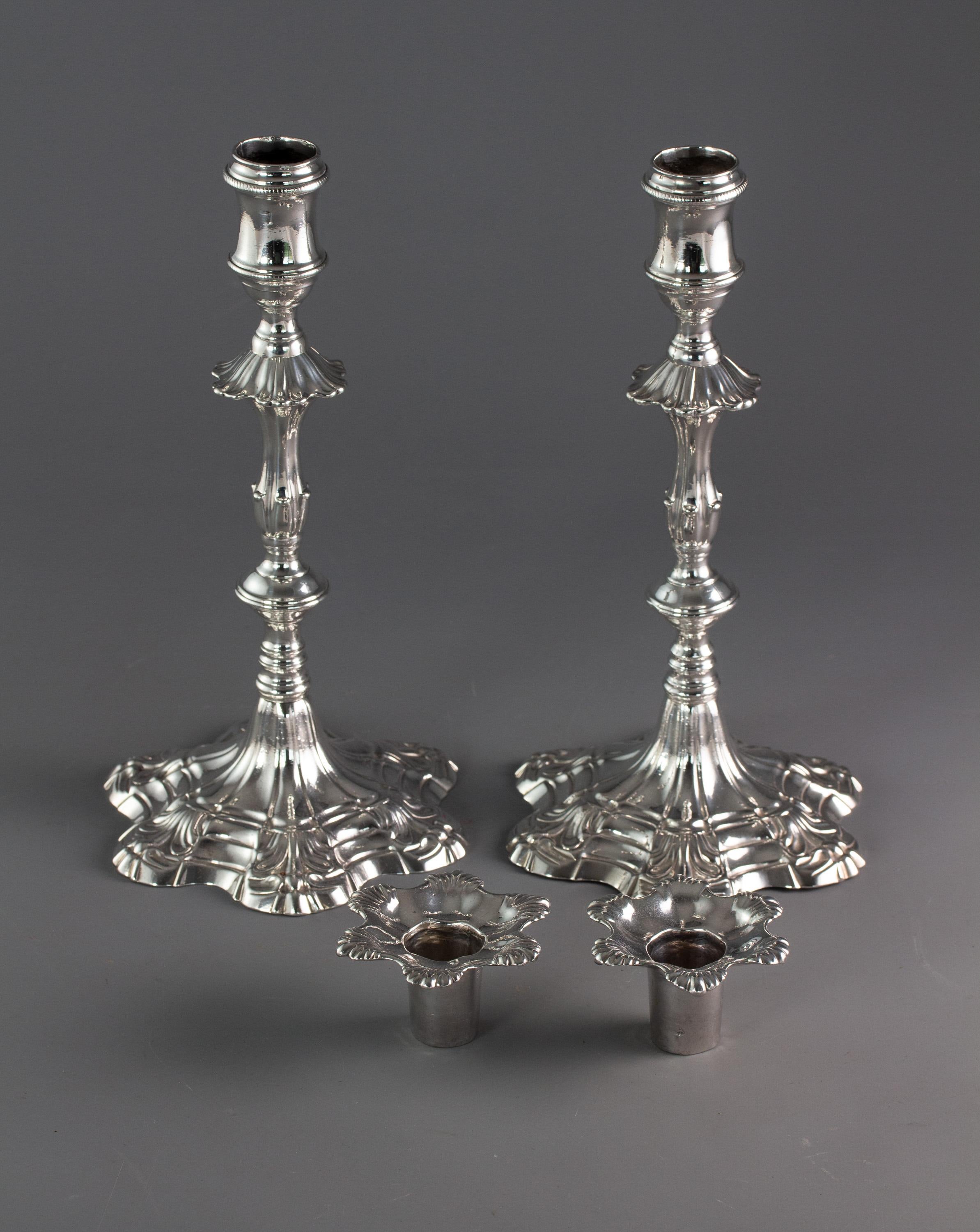 British Pair of George III Cast Silver Candlesticks, London, 1763 by William Cafe