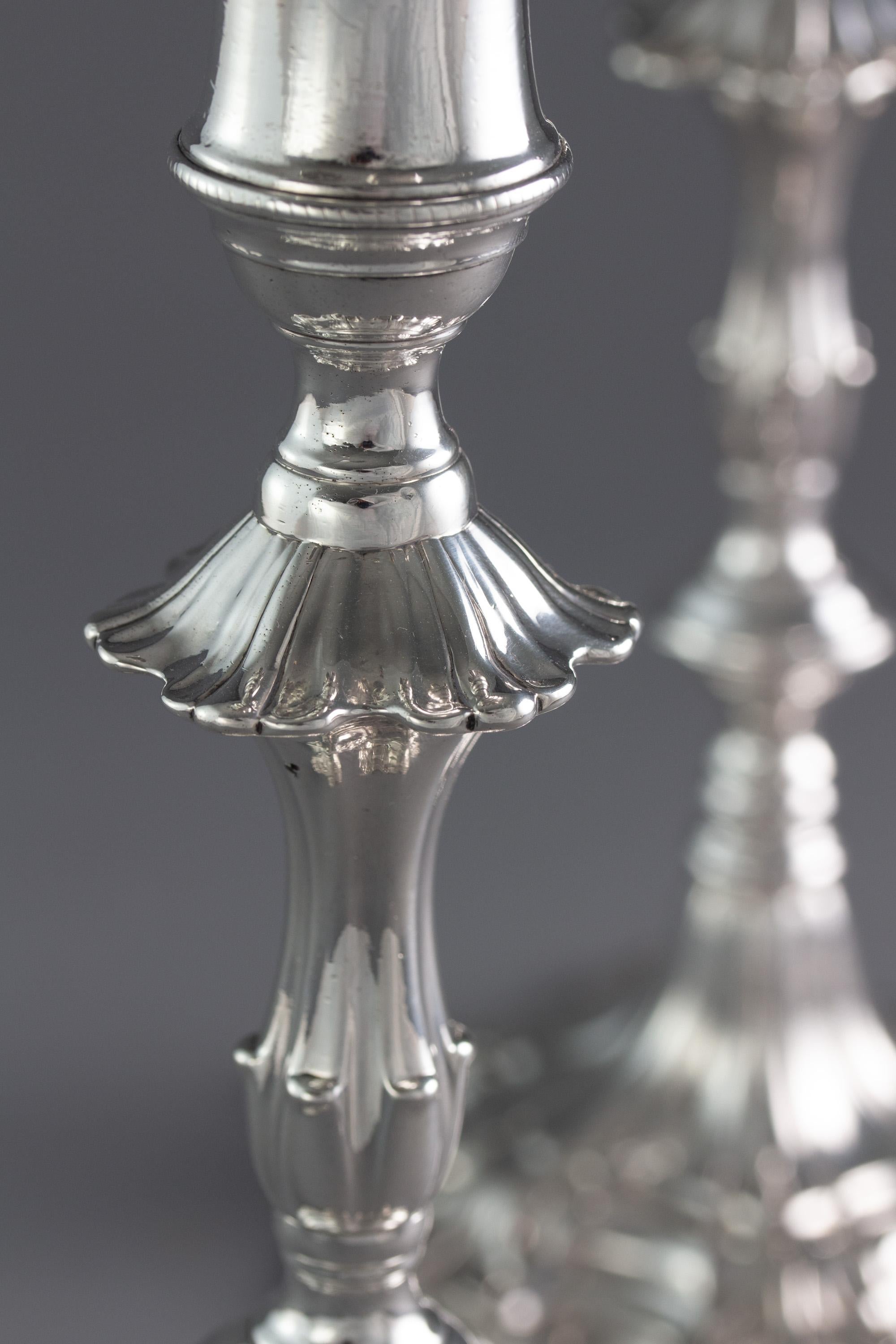 Mid-18th Century Pair of George III Cast Silver Candlesticks, London, 1763 by William Cafe